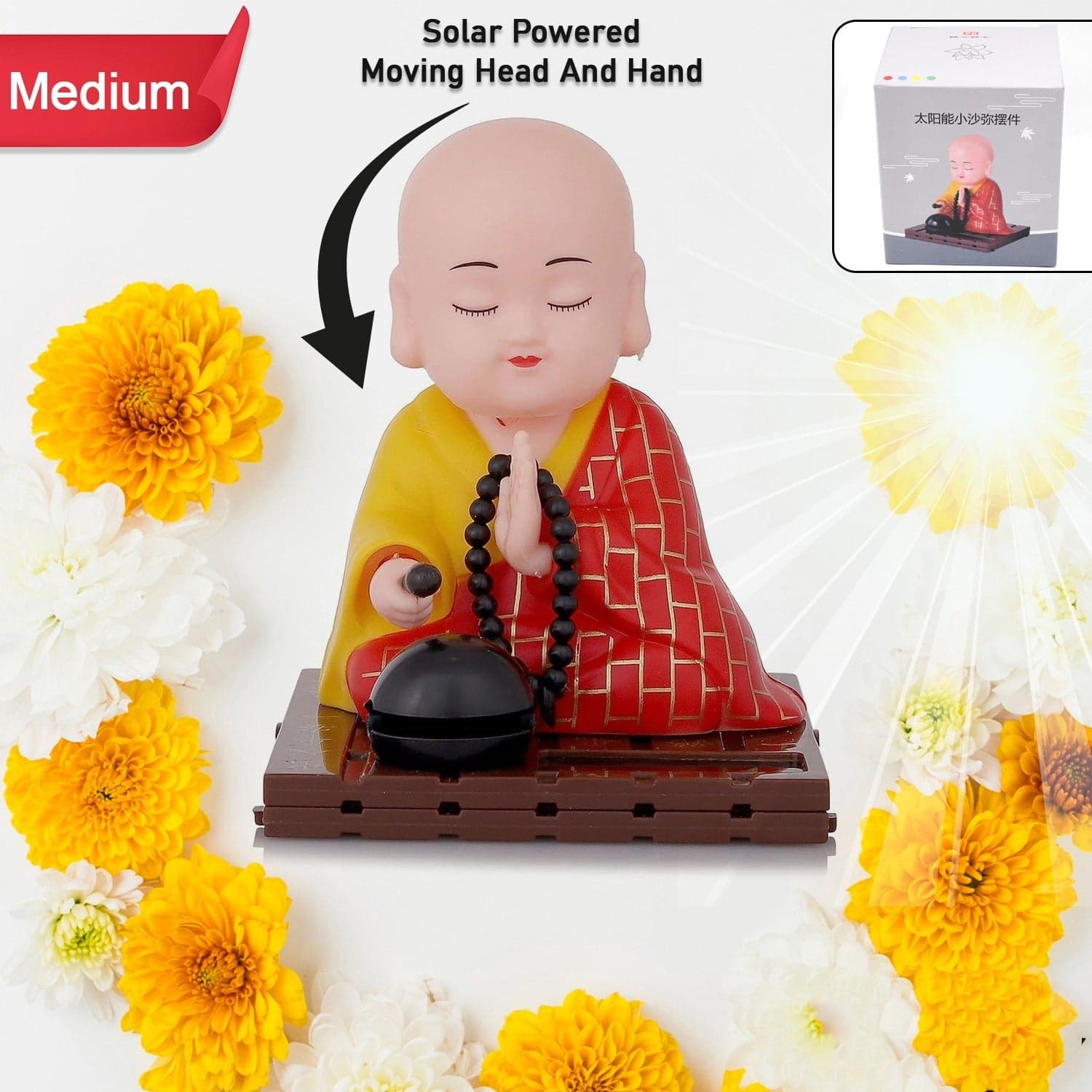 Solar Powered Sitting Buddha Statue, Moving Head and Hand (1 Pc / Medium) thumbnail 4