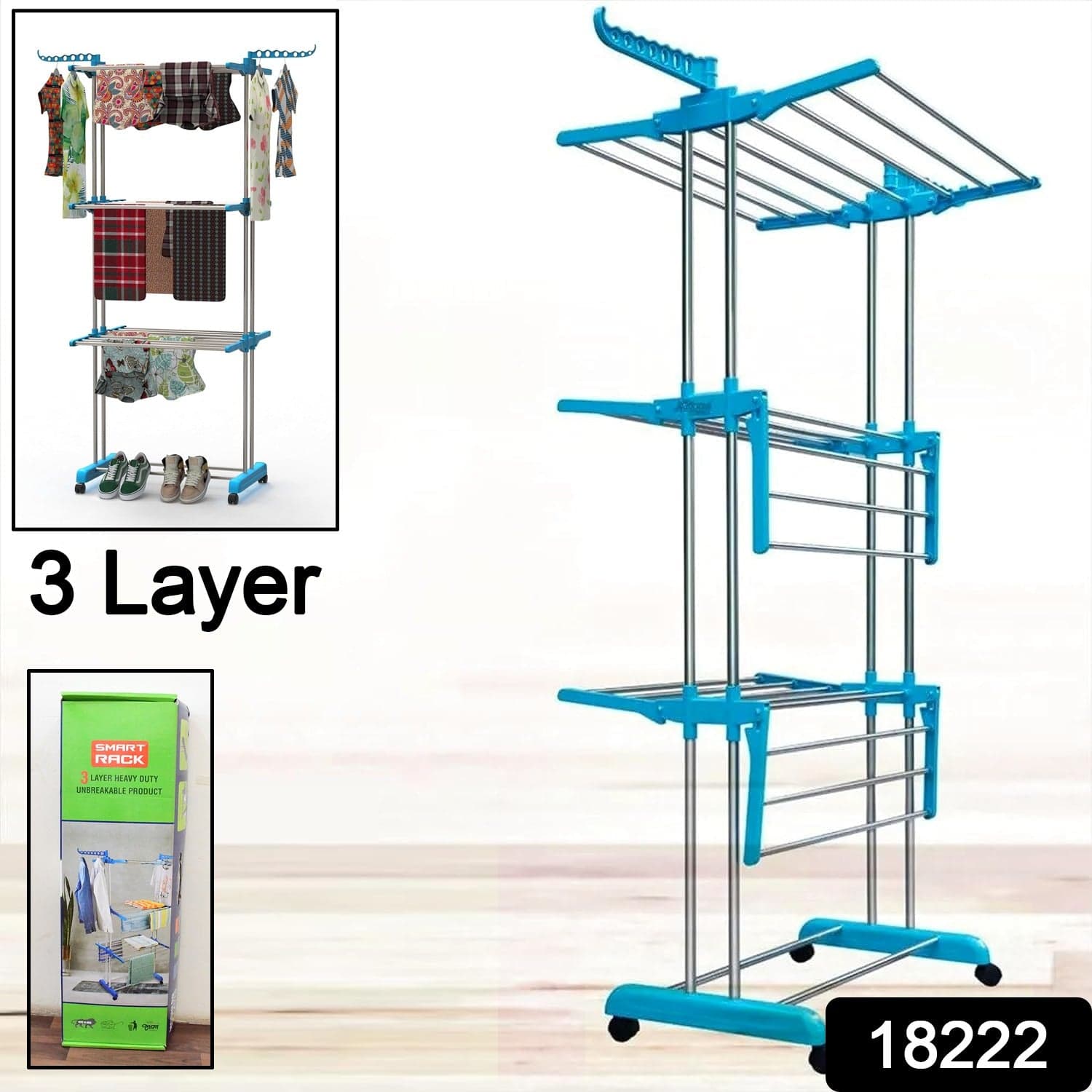 Premium Heavy Duty Stainless Steel 3 Layer Foldable Cloth Drying Stand (1 Set / With Colour Box) thumbnail 3