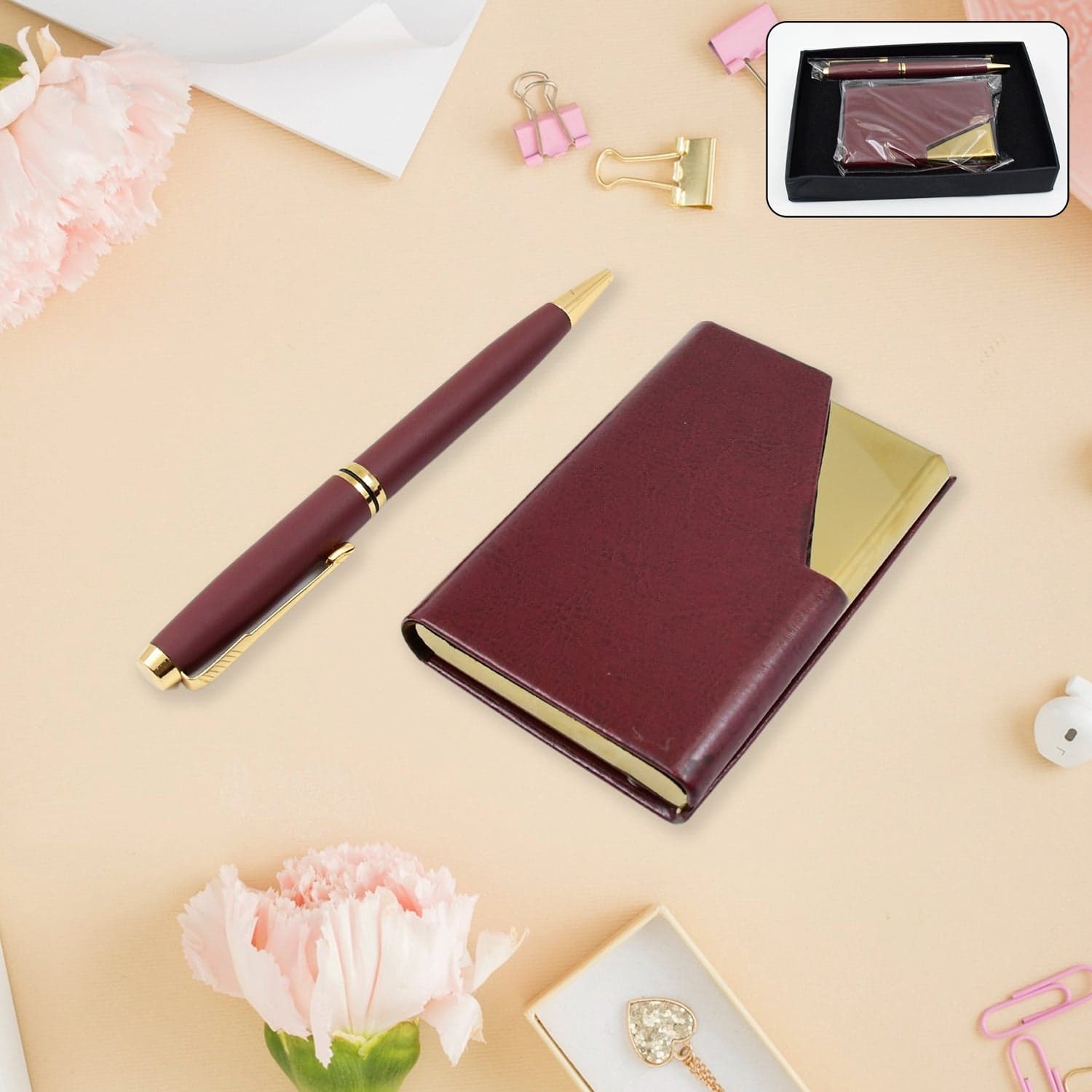 Leather Professional Business Visiting Card Case With Luxury Ballpoint Blue Pens (2 Pc Set / With Gift Box) thumbnail 1
