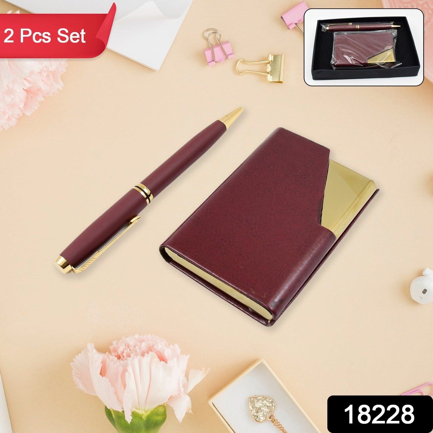 Leather Professional Business Visiting Card Case With Luxury Ballpoint Blue Pens (2 Pc Set / With Gift Box) thumbnail 2