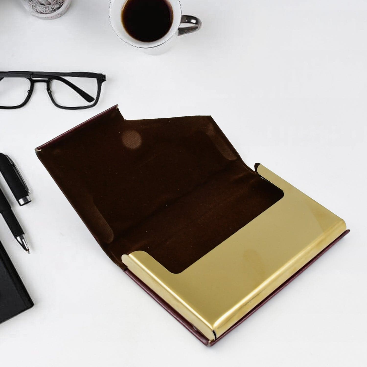 Leather Professional Business Visiting Card Case With Luxury Ballpoint Blue Pens (2 Pc Set / With Gift Box) thumbnail 3