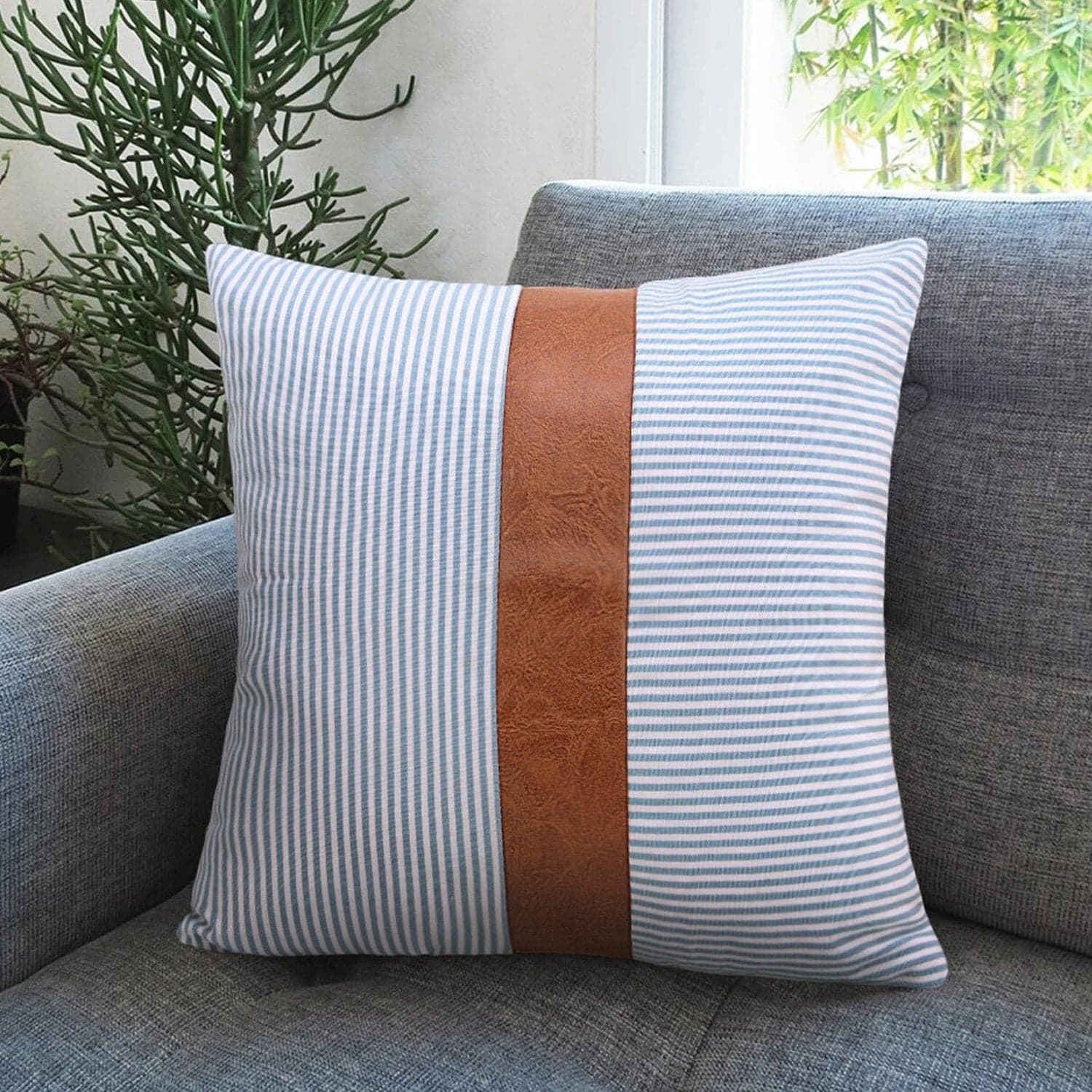 Pillow Covers, leather & cotton Cushion Covers (16 — 16 Inch / 1 Pair / 2 Pc) thumbnail 3