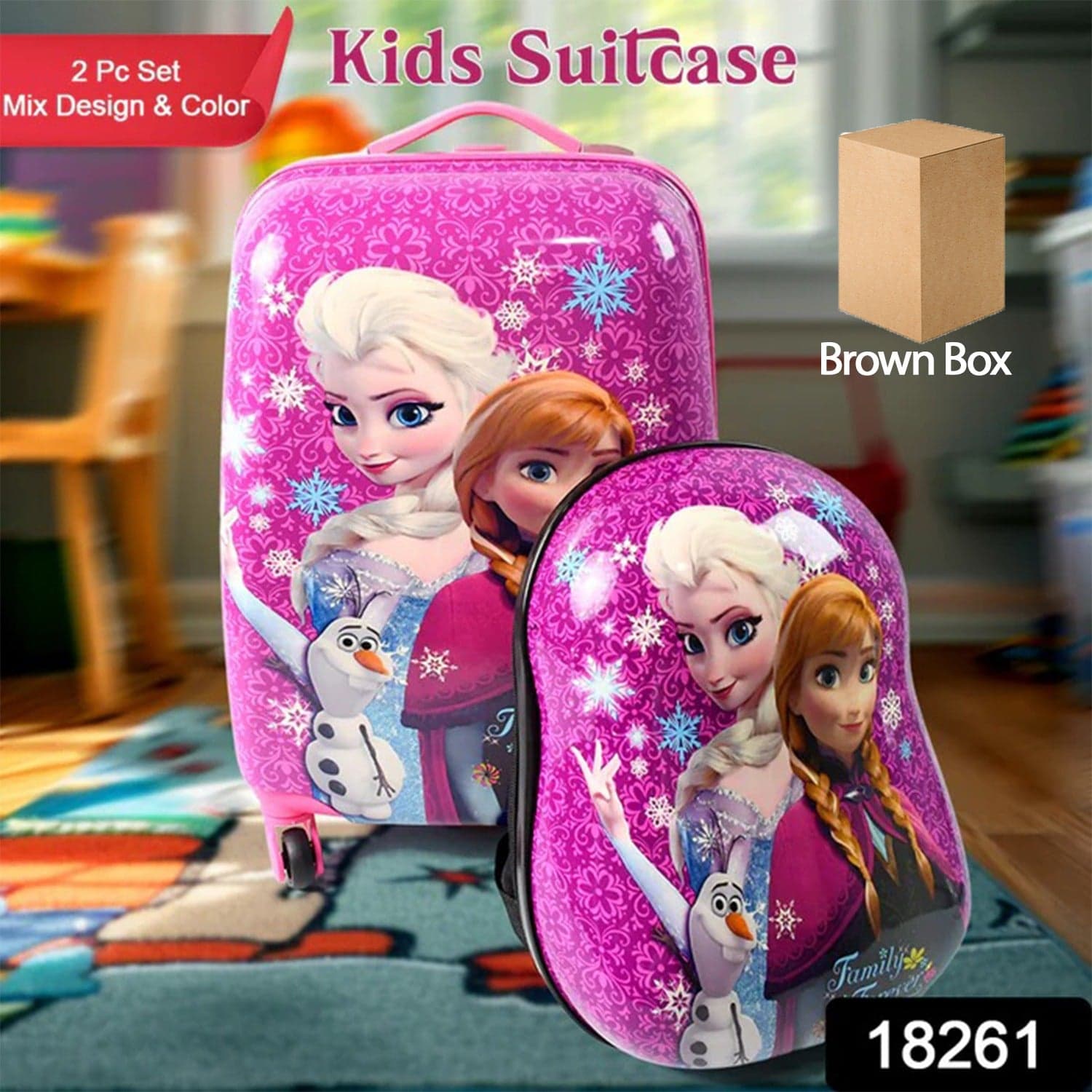 Kids Travel Suitcase with 4 Wheels (2 Pcs Set / 1 Big & 1 Small Shoulder Bag / Mix Design & Color) thumbnail 3