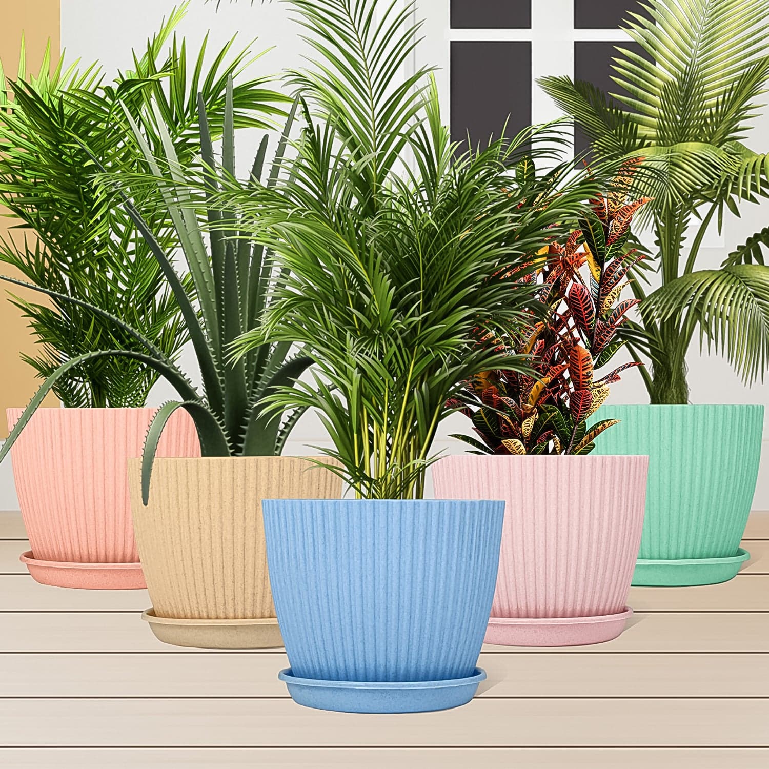 Plastic Flower Pot with Bottom Tray (5 Pcs Set) thumbnail 1