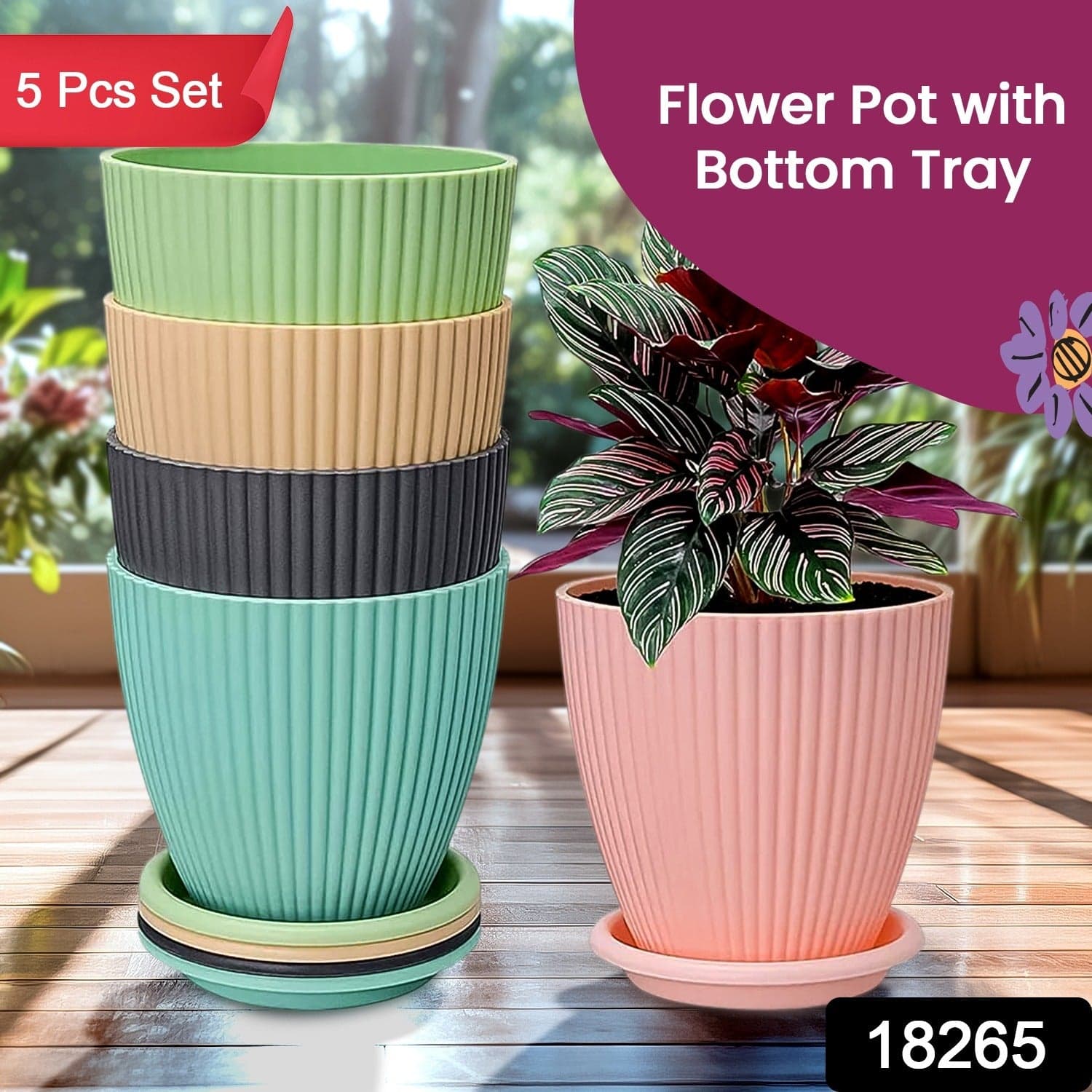 Plastic Flower Pot with Bottom Tray (5 Pcs Set) thumbnail 2
