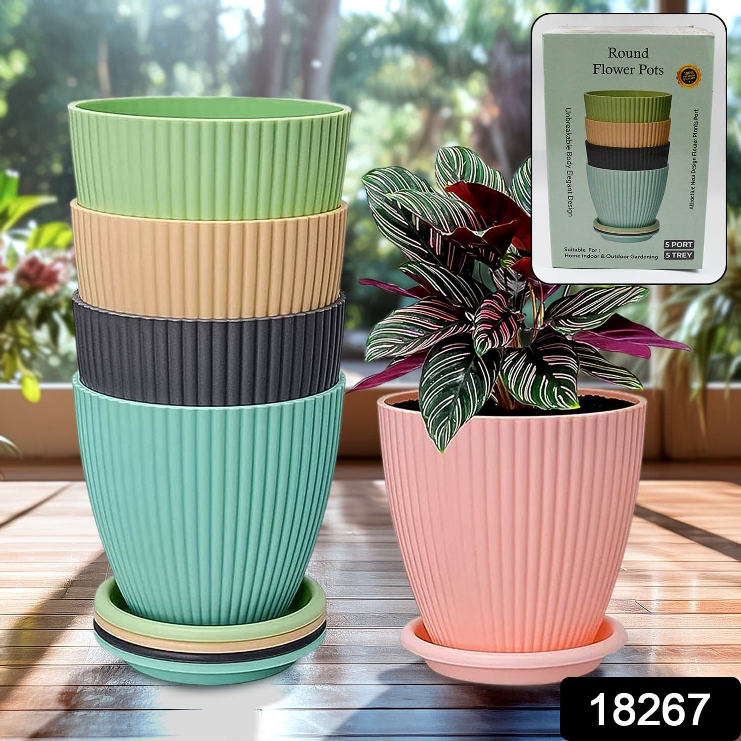 Round Plastic Flower Pot with Bottom Tray (5 Pcs Set / With Color Box) thumbnail 2
