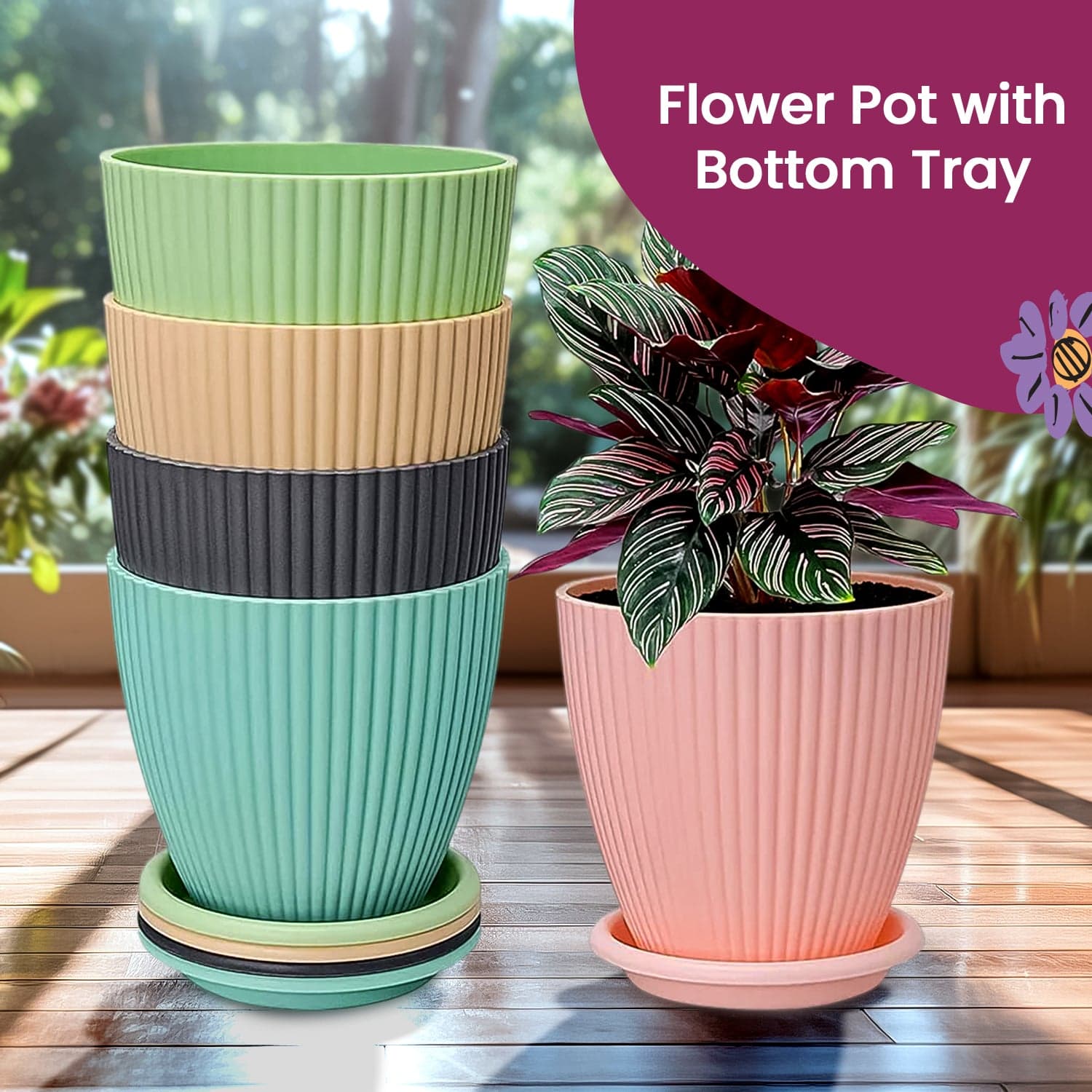 Round Plastic Flower Pot with Bottom Tray (5 Pcs Set / With Color Box) thumbnail 6