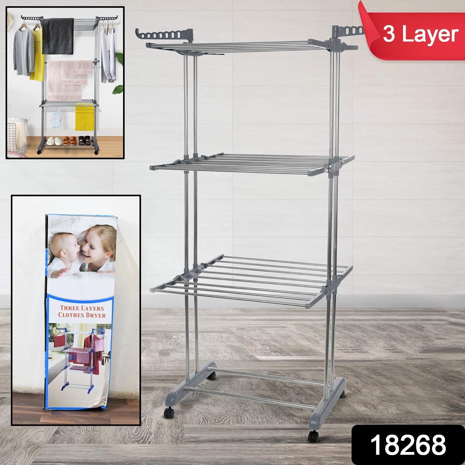Premium Heavy Duty Stainless Steel 3 Layer Foldable Cloth Drying Stand (1 Set / With Color Box) thumbnail 2