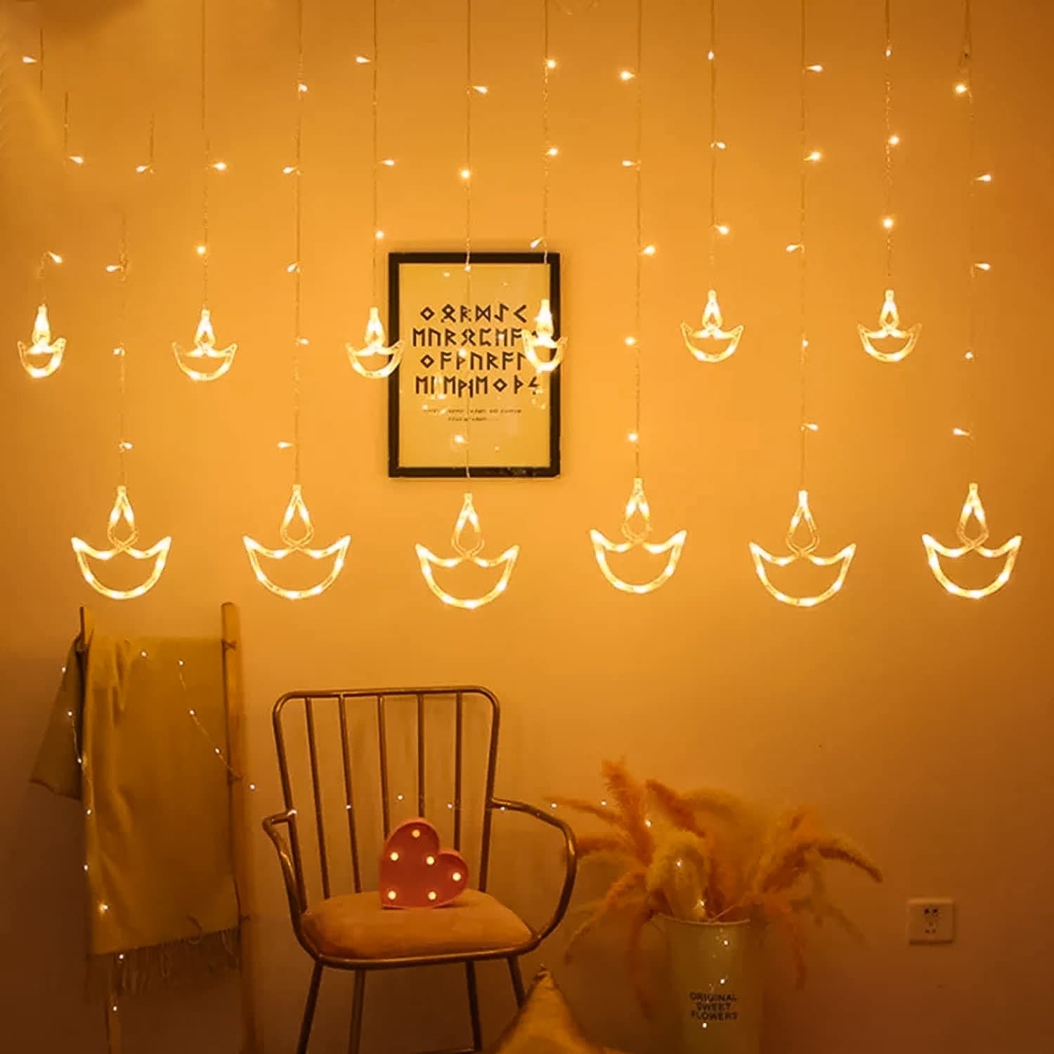 12 Diya Curtain String Lights, Window Curtain Lights With 8 Flashing Modes Decoration Light (White Color) thumbnail 1