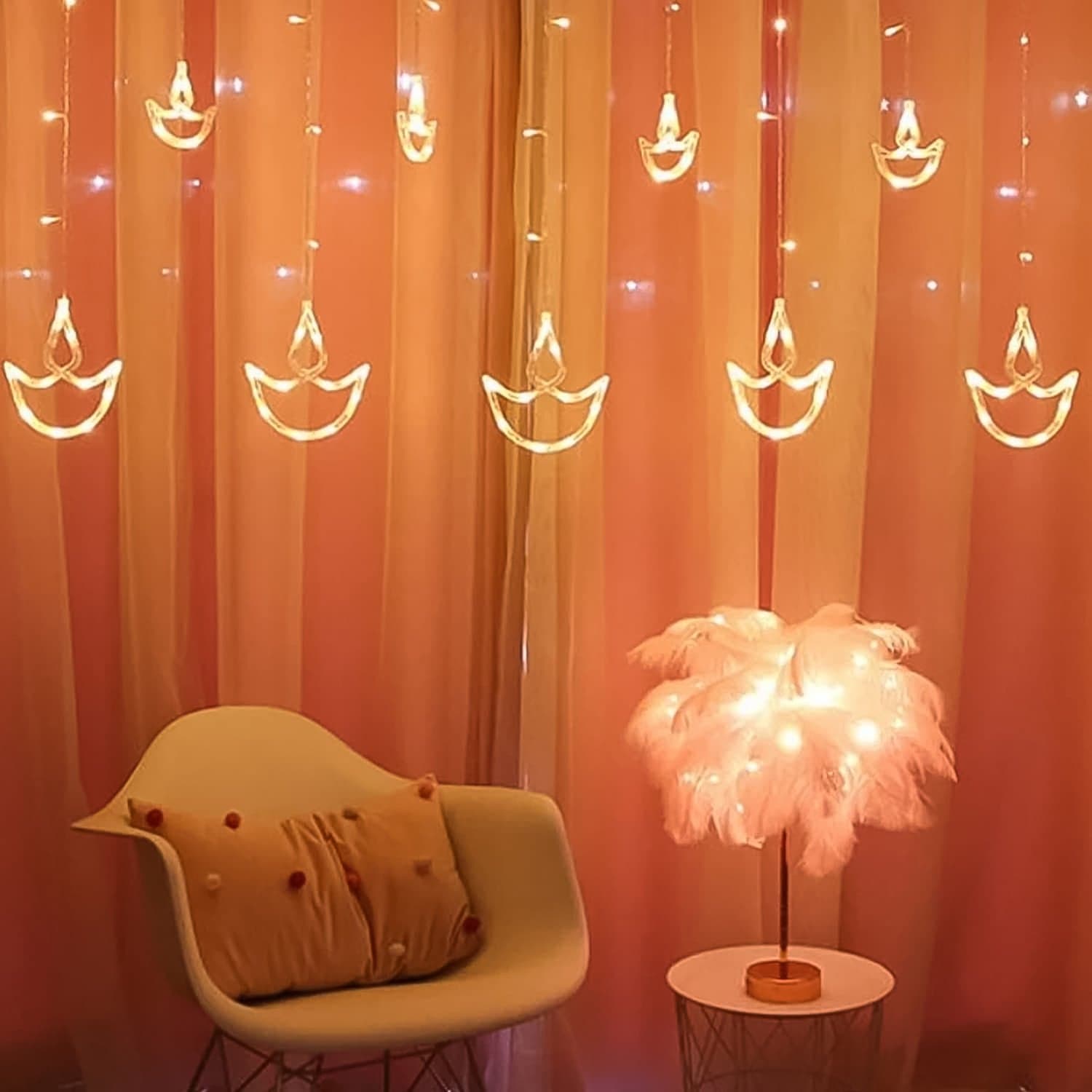 12 Diya Curtain String Lights, Window Curtain Lights With 8 Flashing Modes Decoration Light (White Color) thumbnail 6