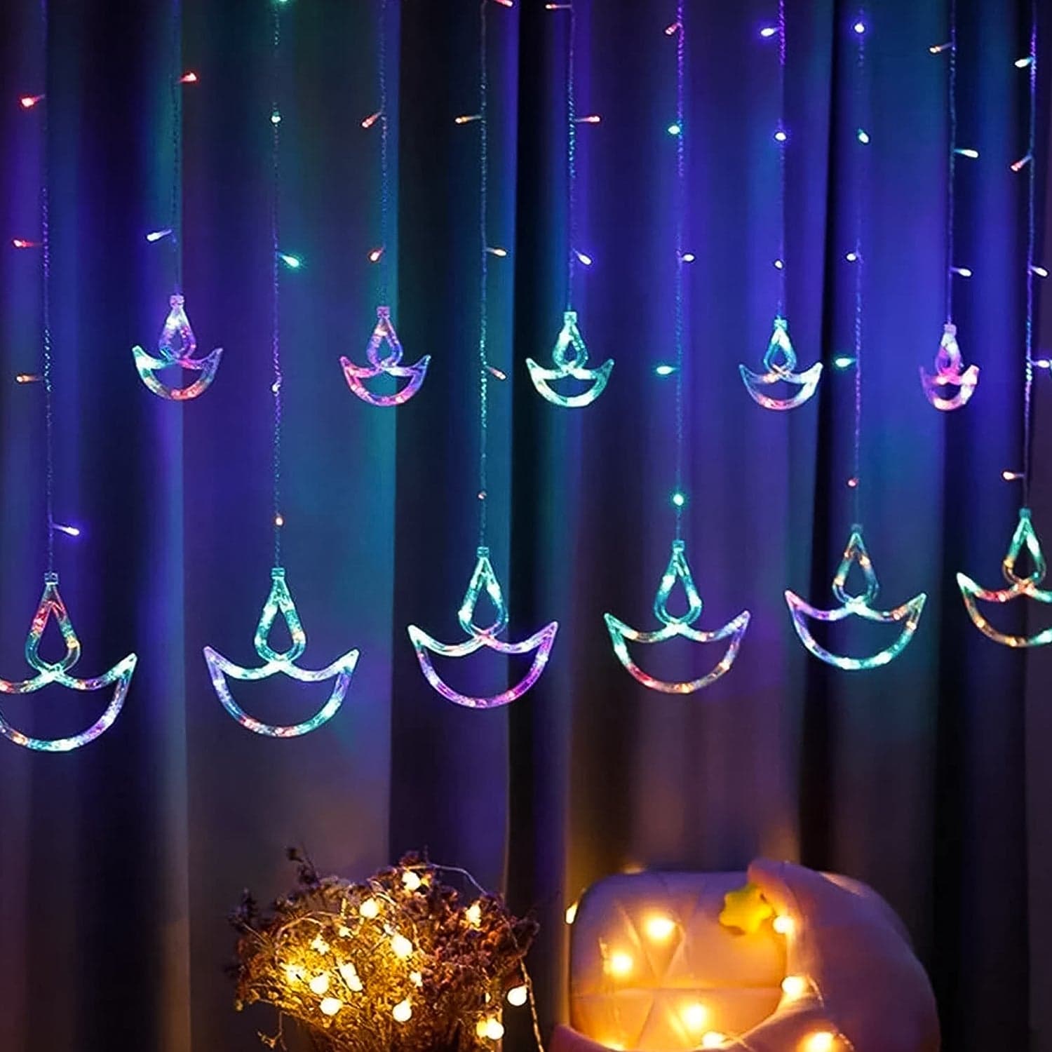 Multicolor 12 Diya Curtain String Lights, Window Curtain Lights With 8 Flashing Modes Decoration Light (Multi Color) thumbnail 1