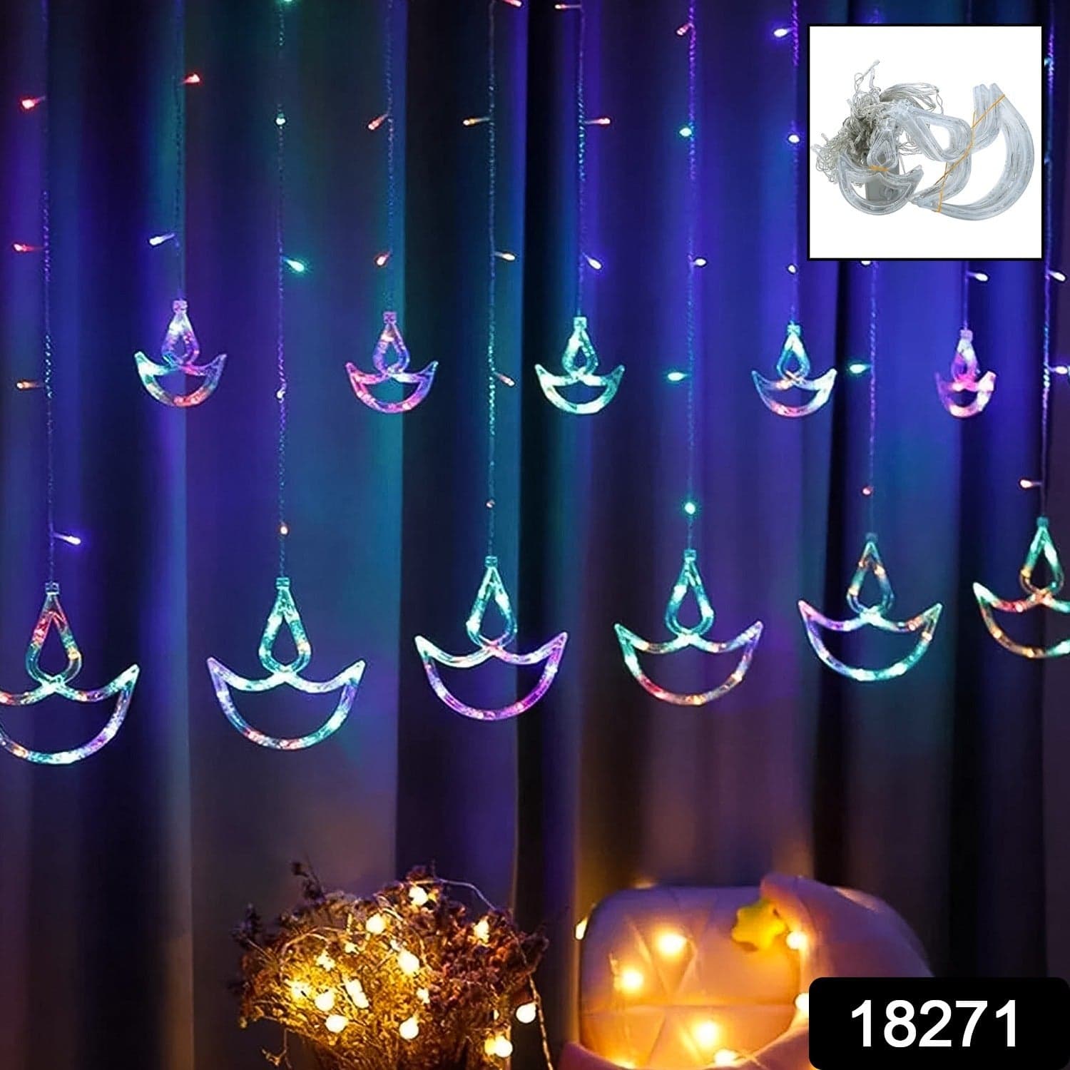 Multicolor 12 Diya Curtain String Lights, Window Curtain Lights With 8 Flashing Modes Decoration Light (Multi Color) thumbnail 2