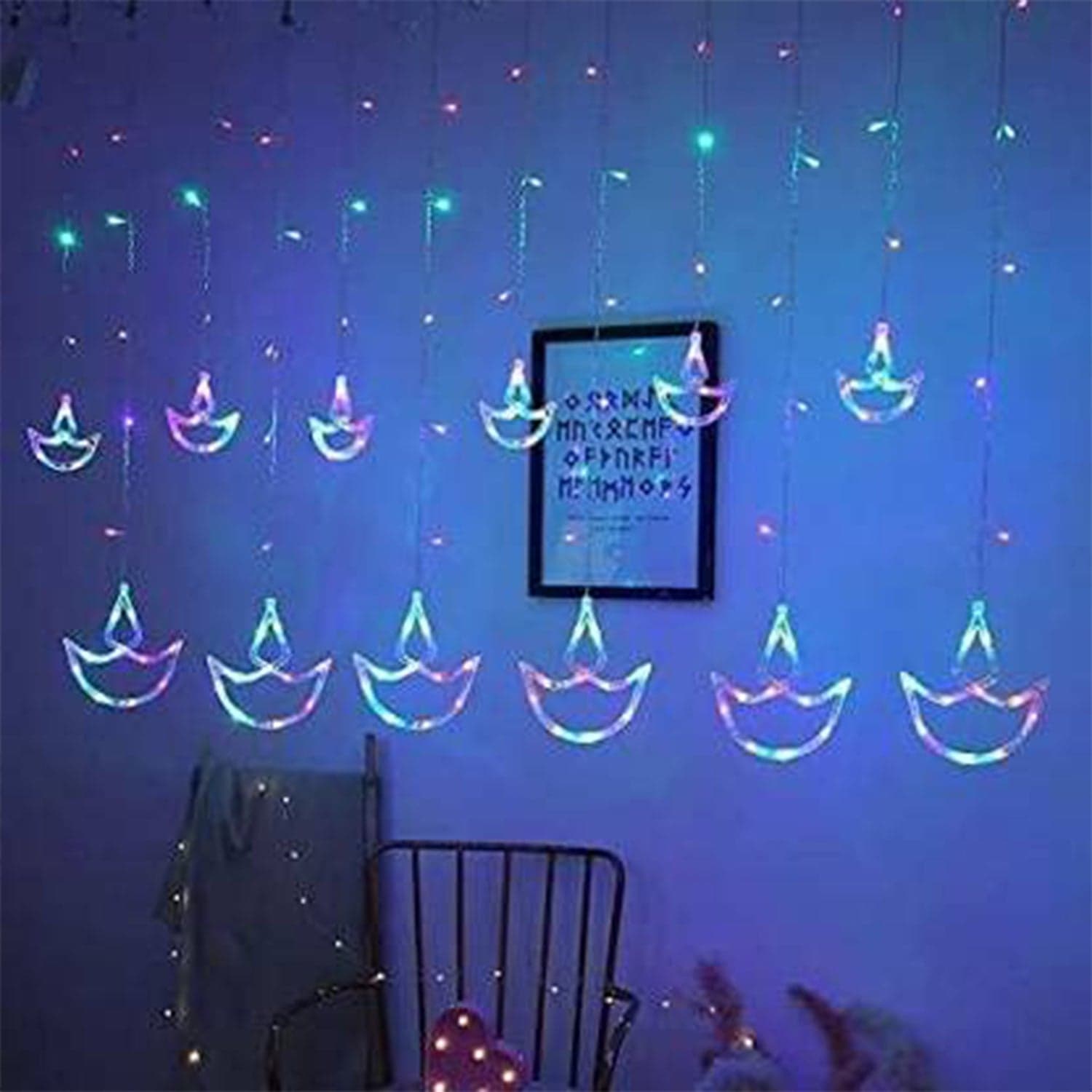 Multicolor 12 Diya Curtain String Lights, Window Curtain Lights With 8 Flashing Modes Decoration Light (Multi Color) thumbnail 3
