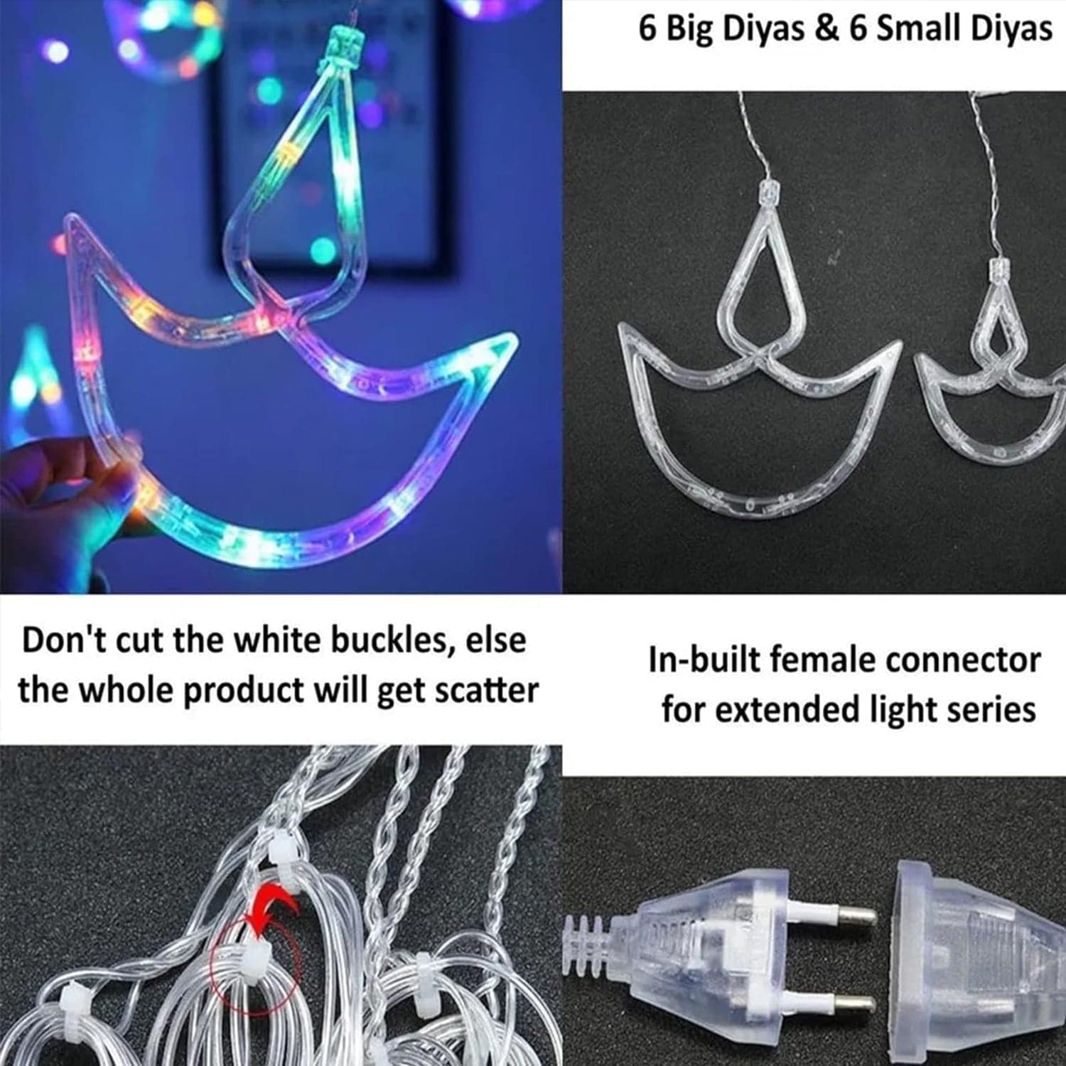 Multicolor 12 Diya Curtain String Lights, Window Curtain Lights With 8 Flashing Modes Decoration Light (Multi Color) thumbnail 6