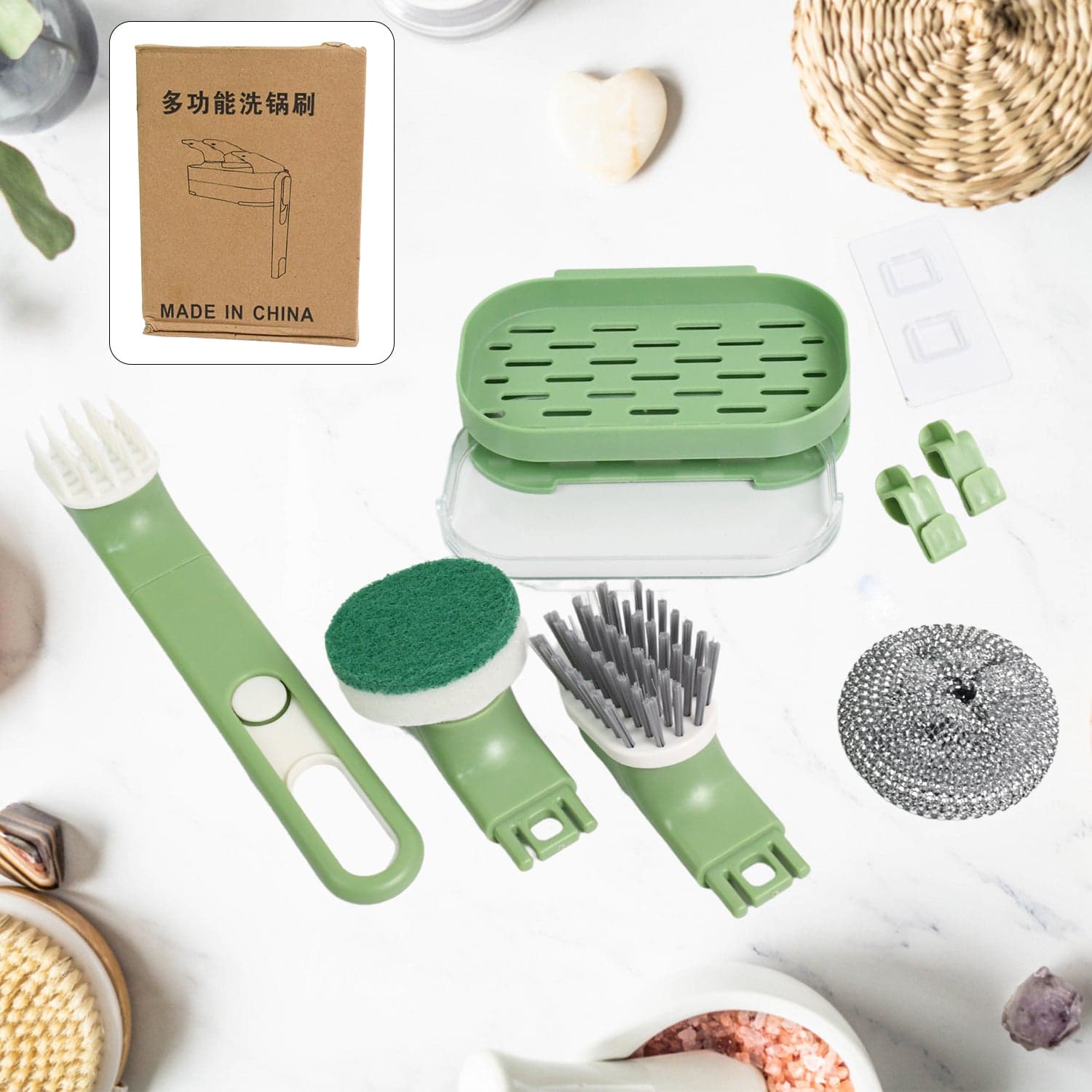 Dish Brush Set with Handle, Replacement Heads, Drain Tray in Kitchen (9 Pcs Set) thumbnail 1