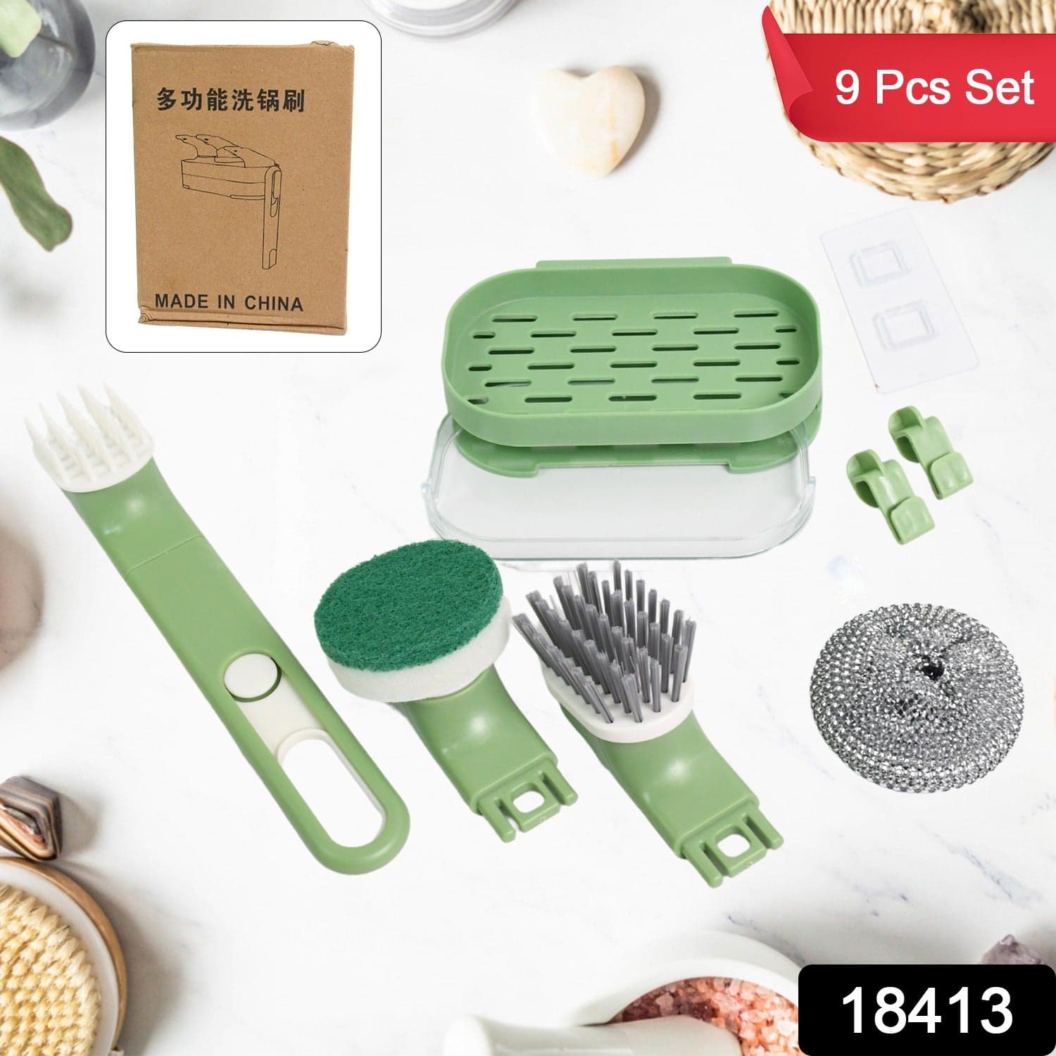 Dish Brush Set with Handle, Replacement Heads, Drain Tray in Kitchen (9 Pcs Set) thumbnail 2