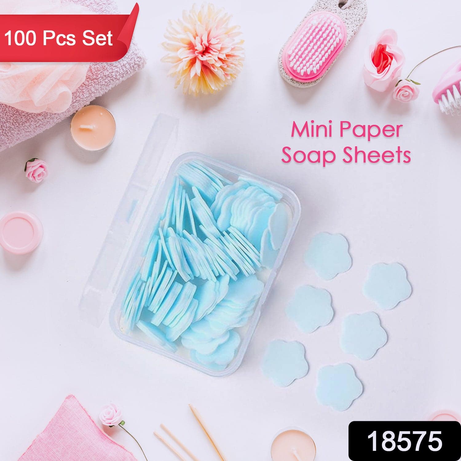 Mini Portable Travel Soap Paper Sheets Flower Shape (100 Pcs Set Approx / Mix Color) thumbnail 3