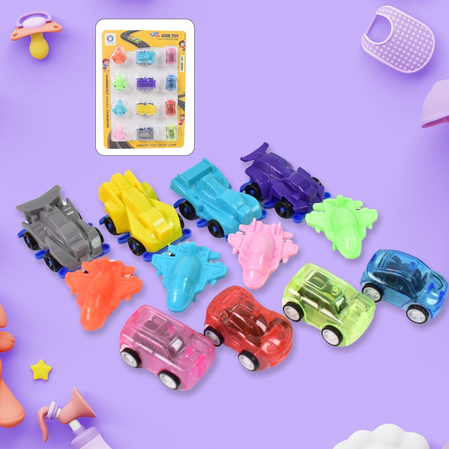 Mini Pull Back Car & Aeroplane Plastic Pull Back Car Cartoon Toys (12 Pcs Set) thumbnail 1