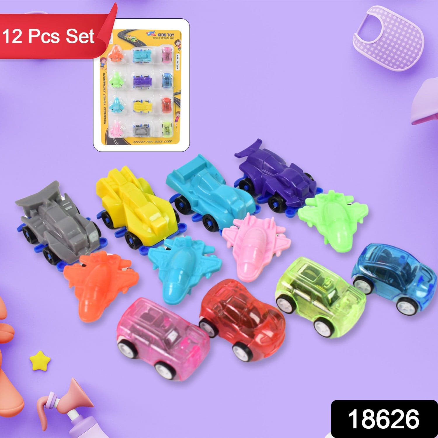 Mini Pull Back Car & Aeroplane Plastic Pull Back Car Cartoon Toys (12 Pcs Set) thumbnail 2