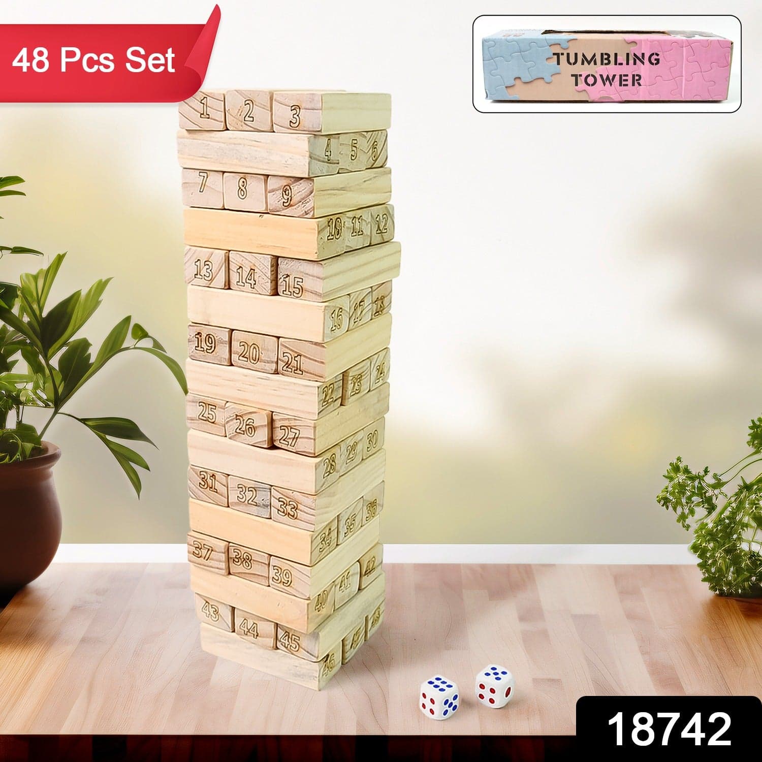 Wooden Tumbling Stacking Tower Game, Zenga tower (48 Pcs Blocks 2 Dices) thumbnail 2