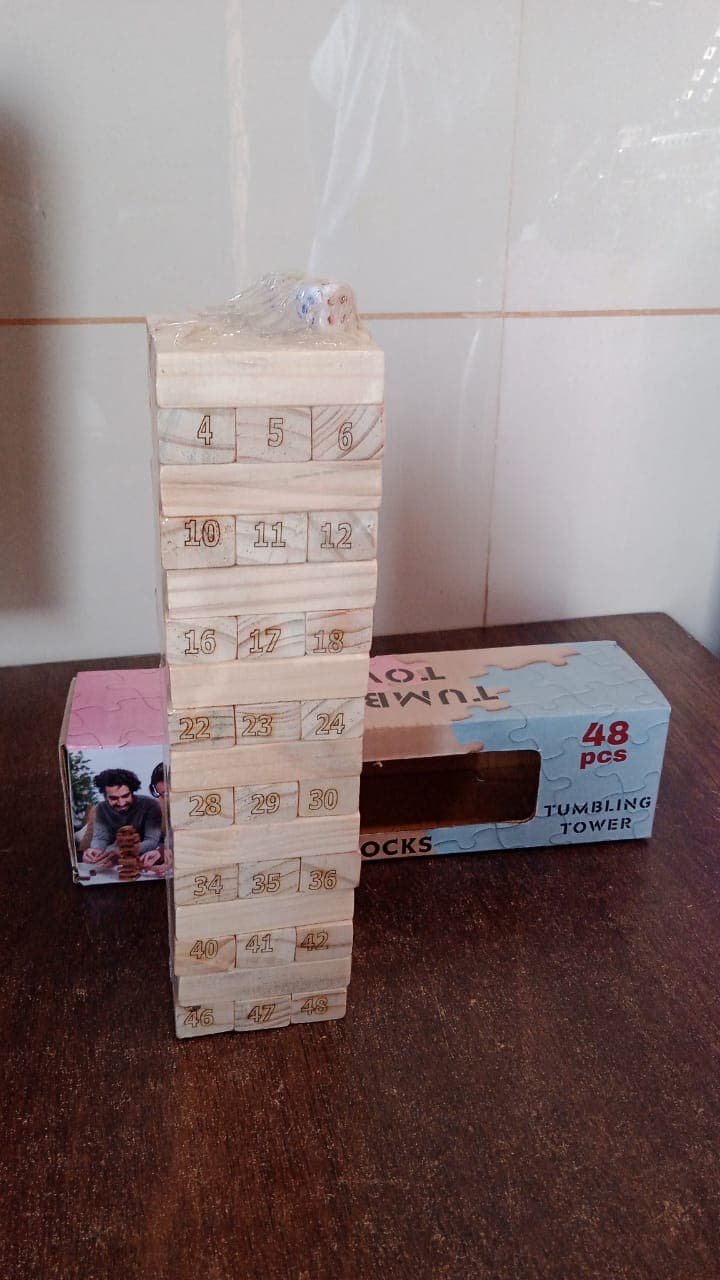 Wooden Tumbling Stacking Tower Game, Zenga tower (48 Pcs Blocks 2 Dices) thumbnail 7