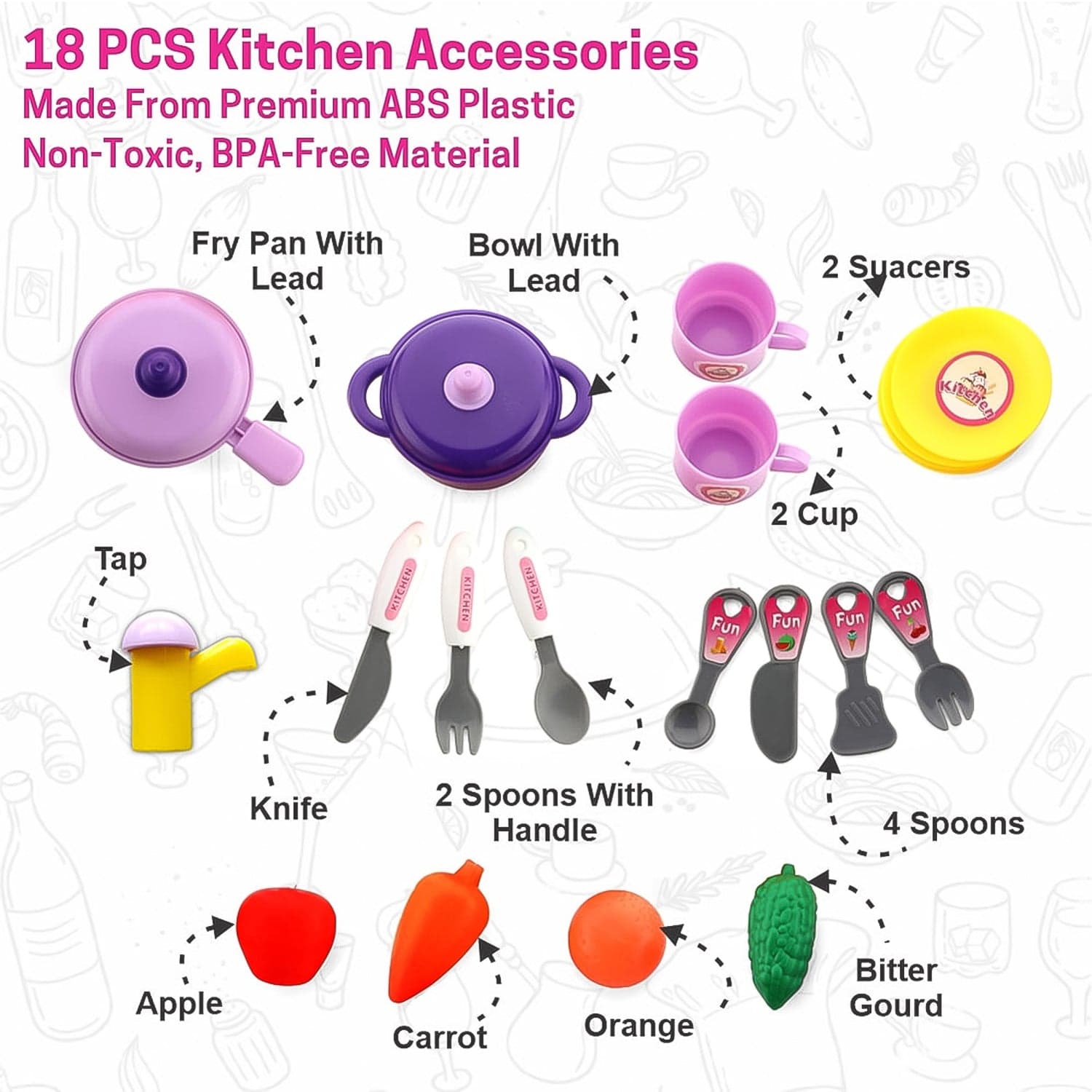 Kitchen Set for Kids Girls Pretend Play Toys Little (23 Pcs Set Approx) thumbnail 4