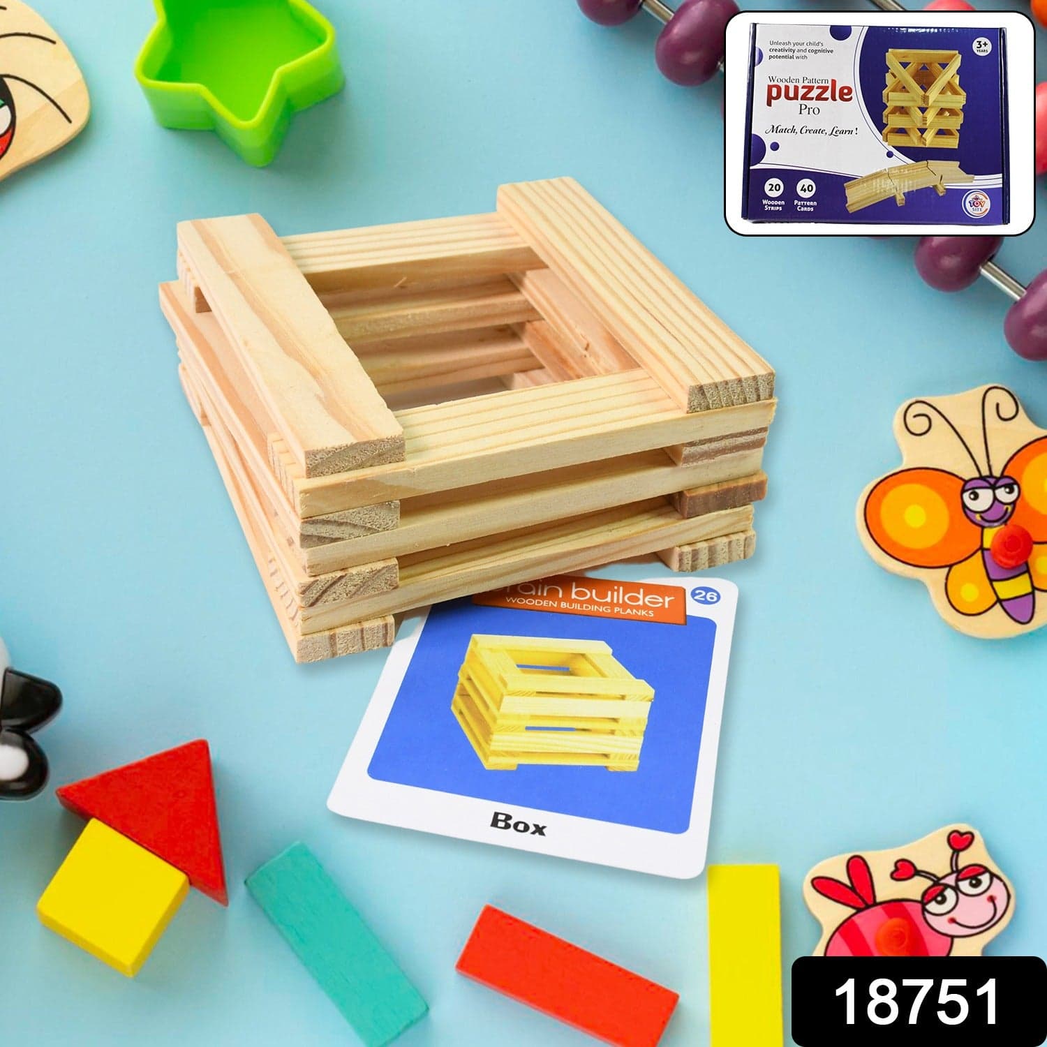 Wooden Pattern Brain Puzzles 20 Pcs Wooden Strips, 40 Pattern Cards (1 Set) thumbnail 2