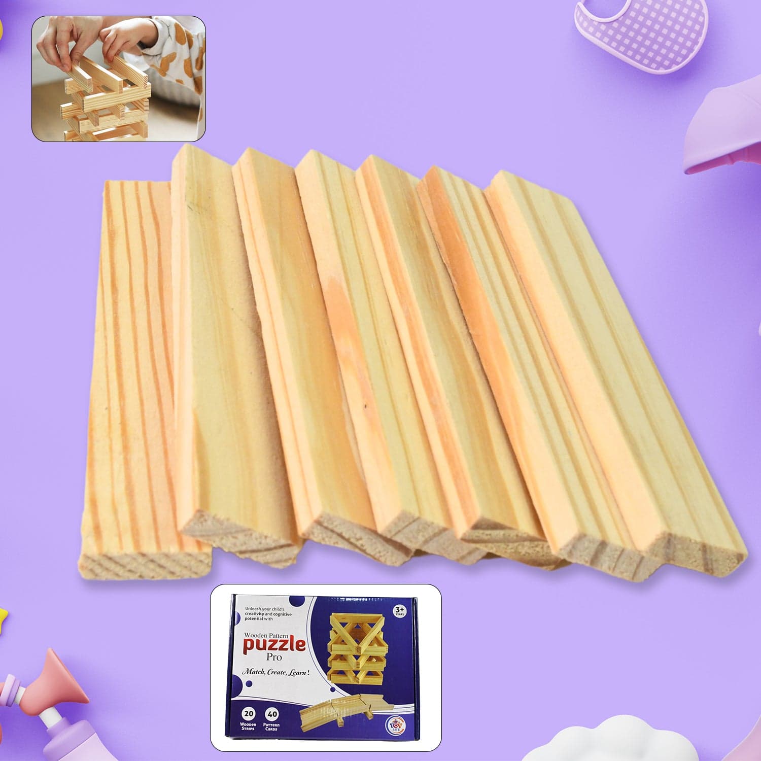 Wooden Pattern Brain Puzzles 20 Pcs Wooden Strips, 40 Pattern Cards (1 Set) thumbnail 3