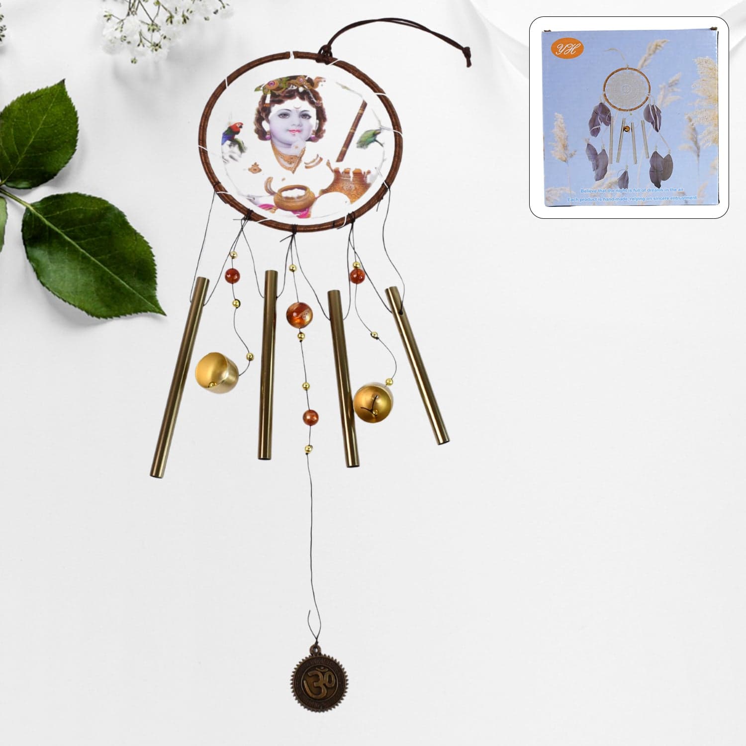 Krishna Medallion Dream Catcher Wind Chime Pendant Wall Hanging - Spiritual Home Decor thumbnail 1
