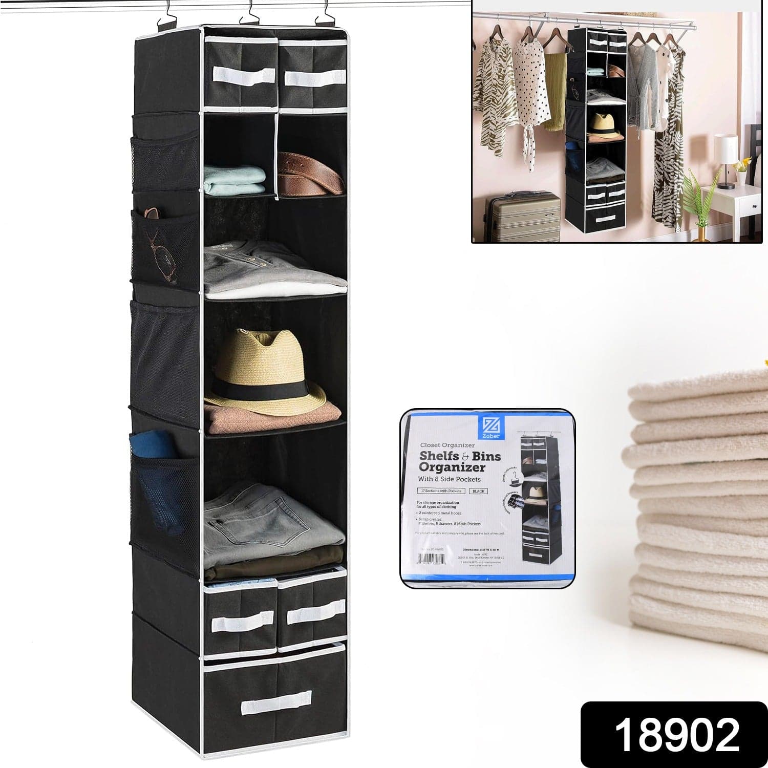 9 Shelf Hanging Closet Organizer with 5 Drawer Organizers thumbnail 2