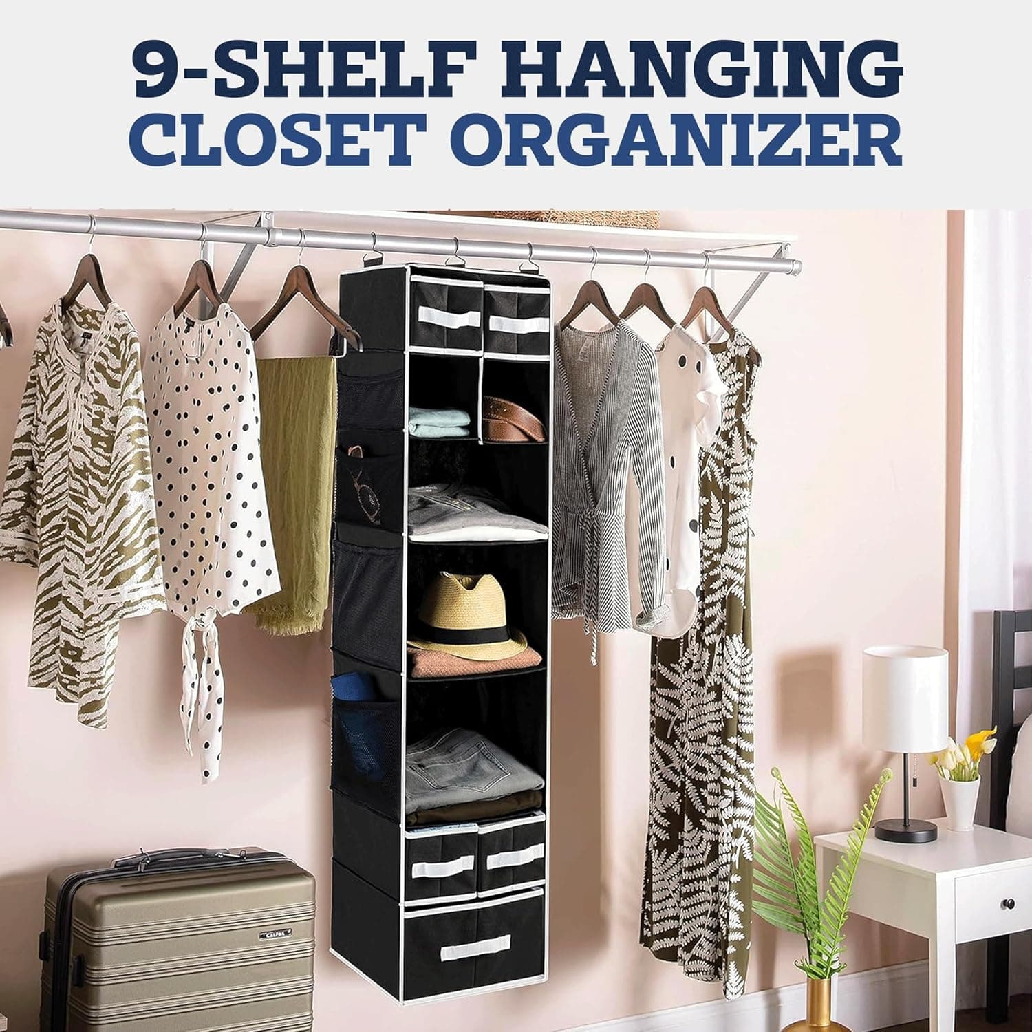 9 Shelf Hanging Closet Organizer with 5 Drawer Organizers thumbnail 8