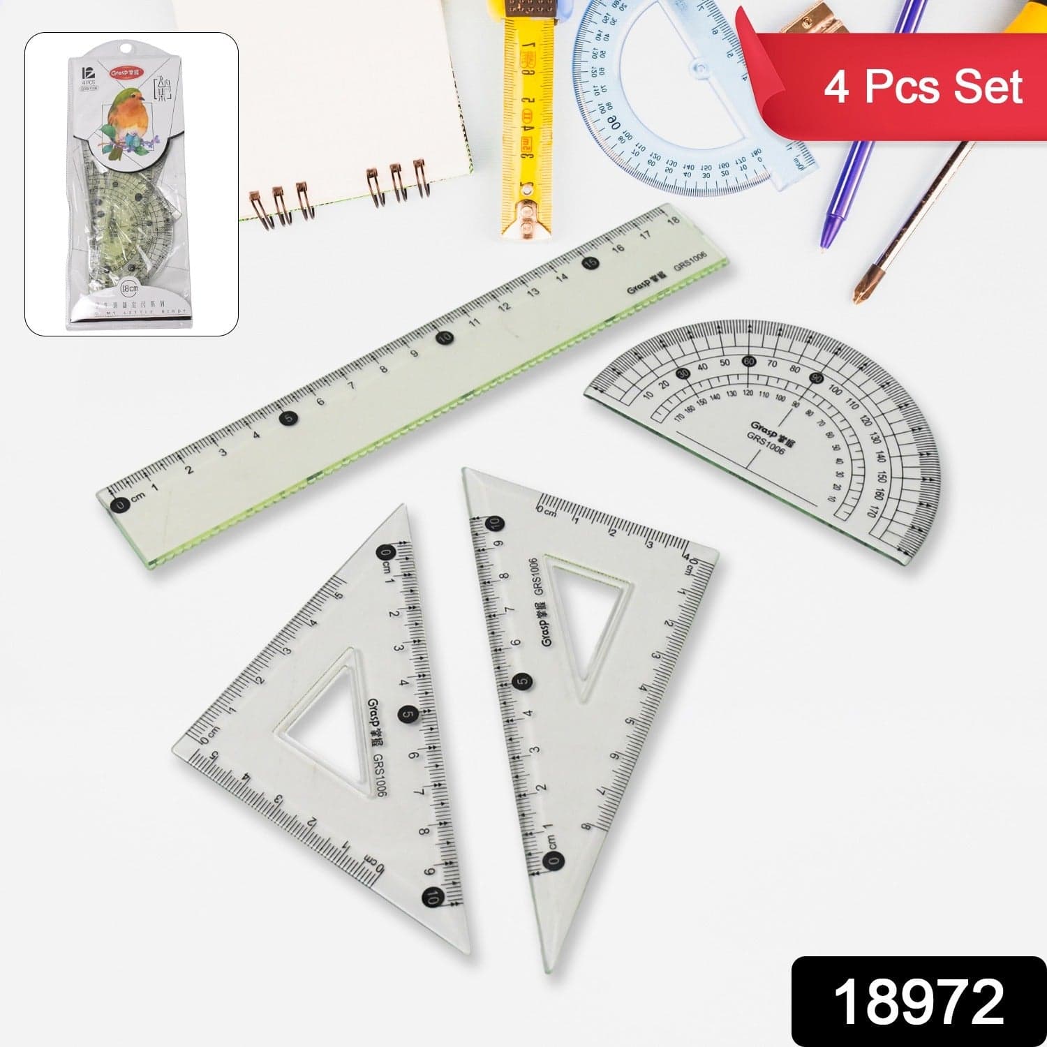 4-Piece Geometry Set, Triangle Ruler Protractor Straight Ruler thumbnail 2