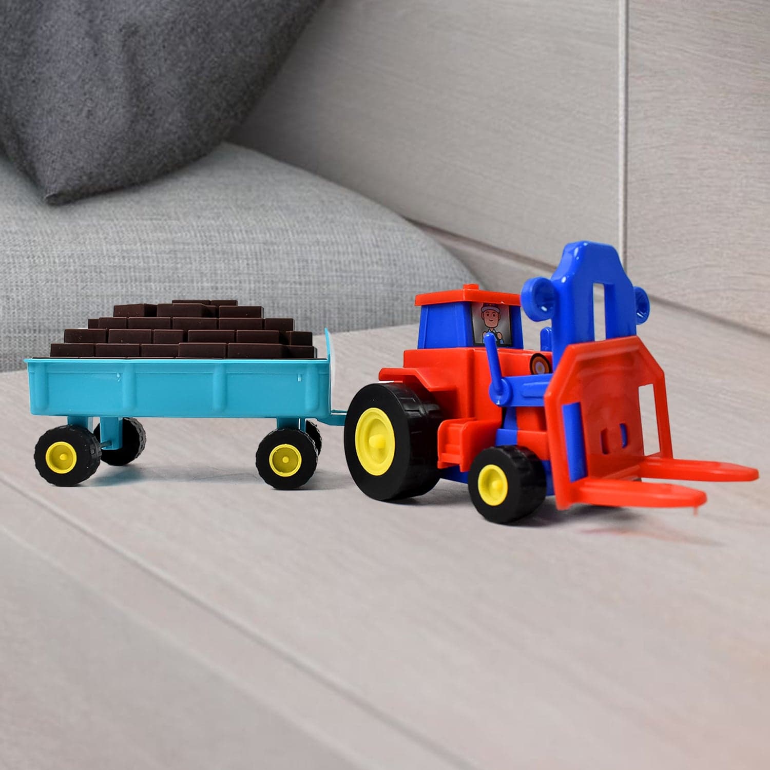 Plastic Tractor Toy Friction Powered Tractor with Bricks Trolley (1 Pc) thumbnail 1