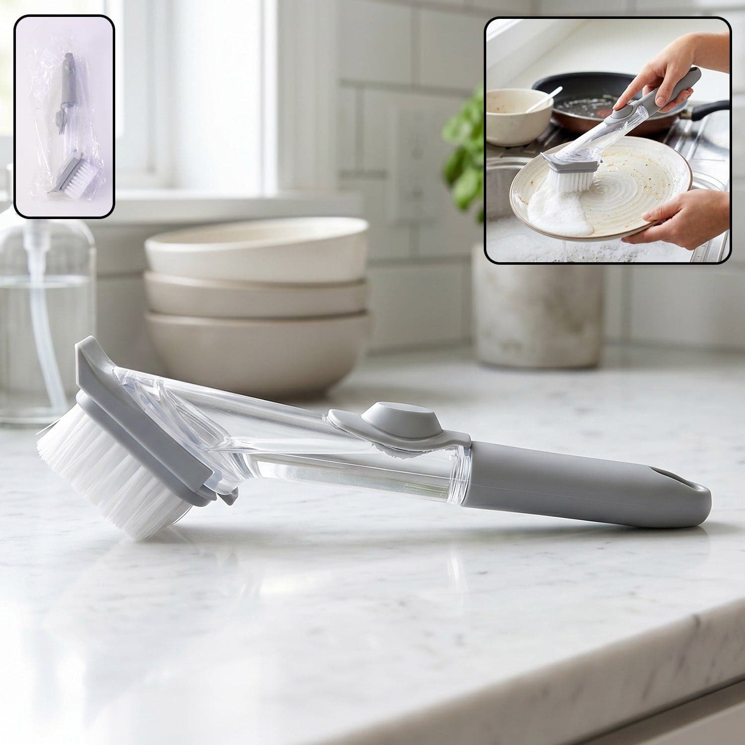 Refillable Soap Dispensing Dish Scrub Brush the Effortless & Hygienic Cleaning thumbnail 1