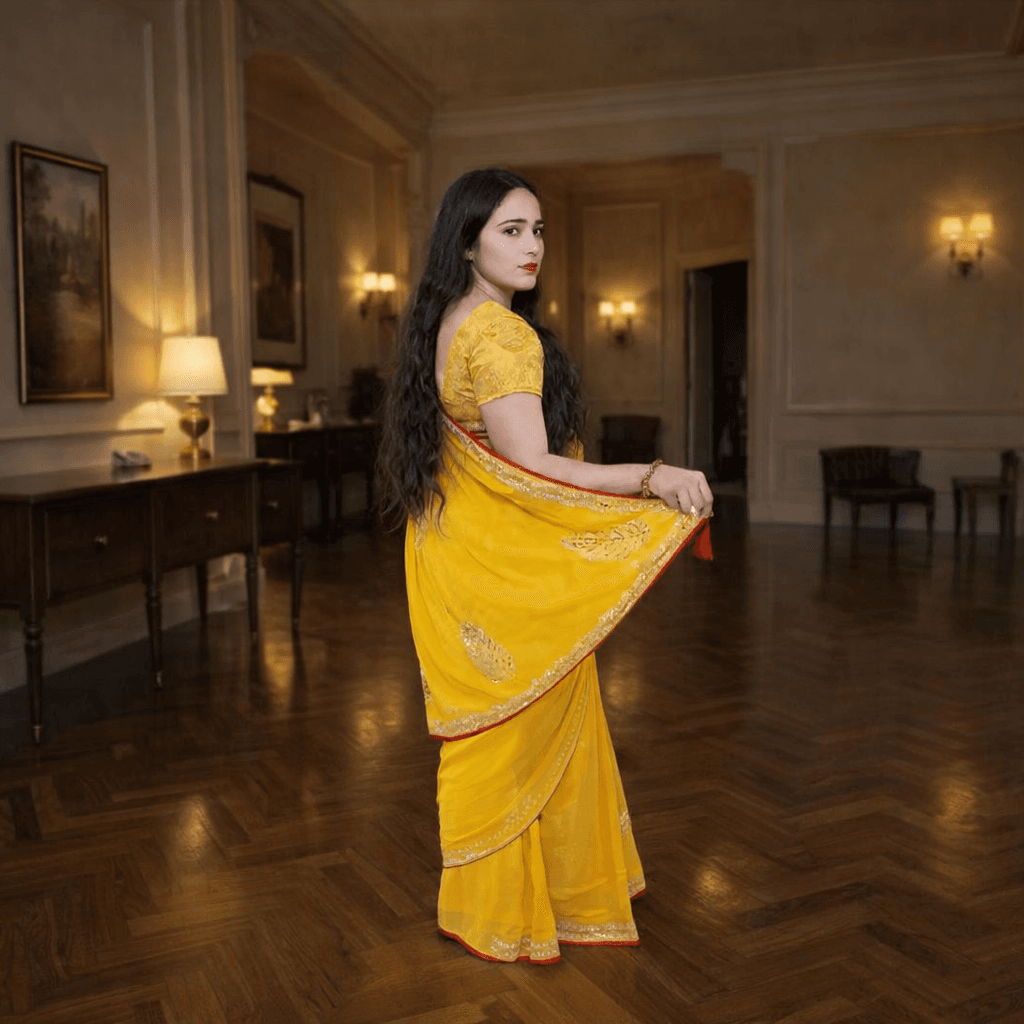 Yellow Chiffon Saree With Mirror Work Border & Leaf Motif | Lightweight Festive Wear Saree For Women thumbnail 4