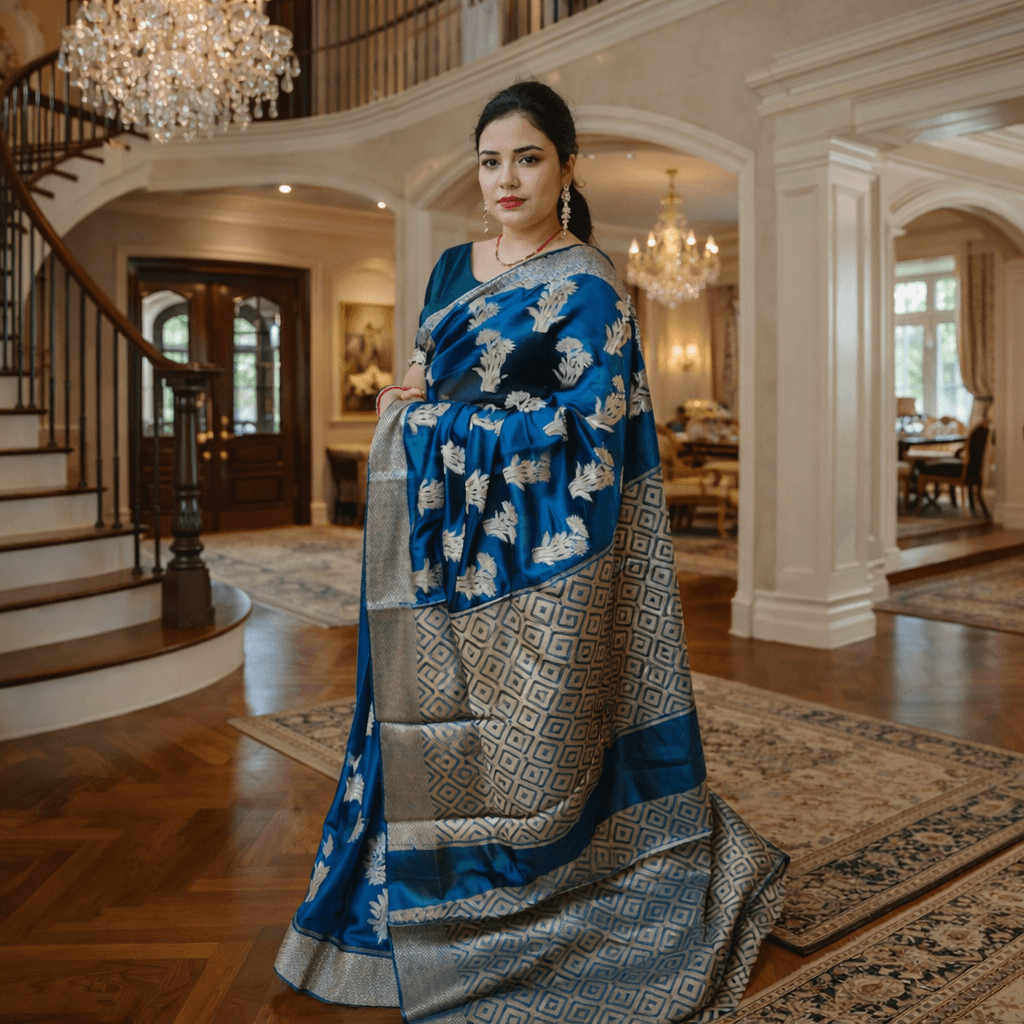 Elegant Blue & Silver Woven Georgette Saree With Geometric Border thumbnail 5