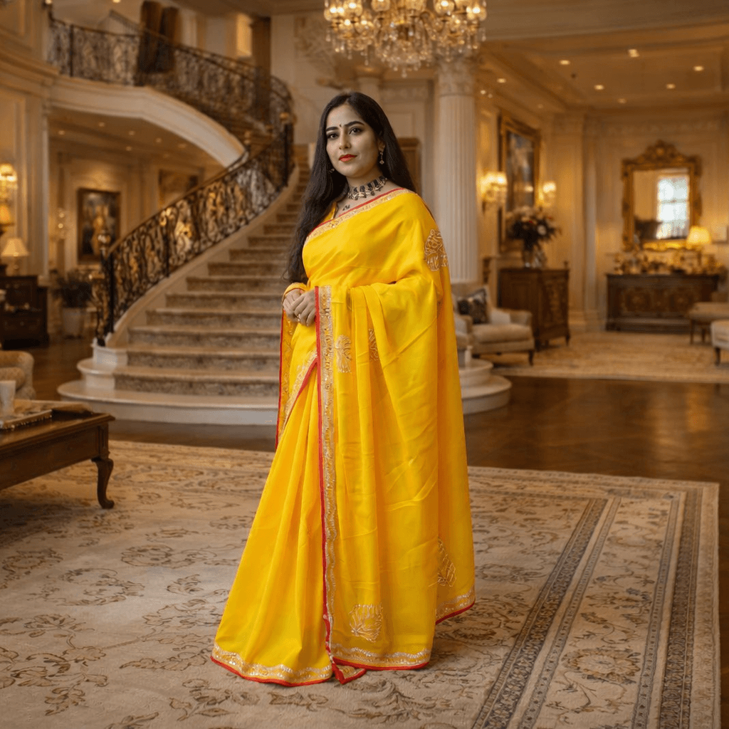 Yellow Chiffon Saree With Mirror Work Border & Leaf Motif | Lightweight Festive Wear Saree For Women thumbnail 3