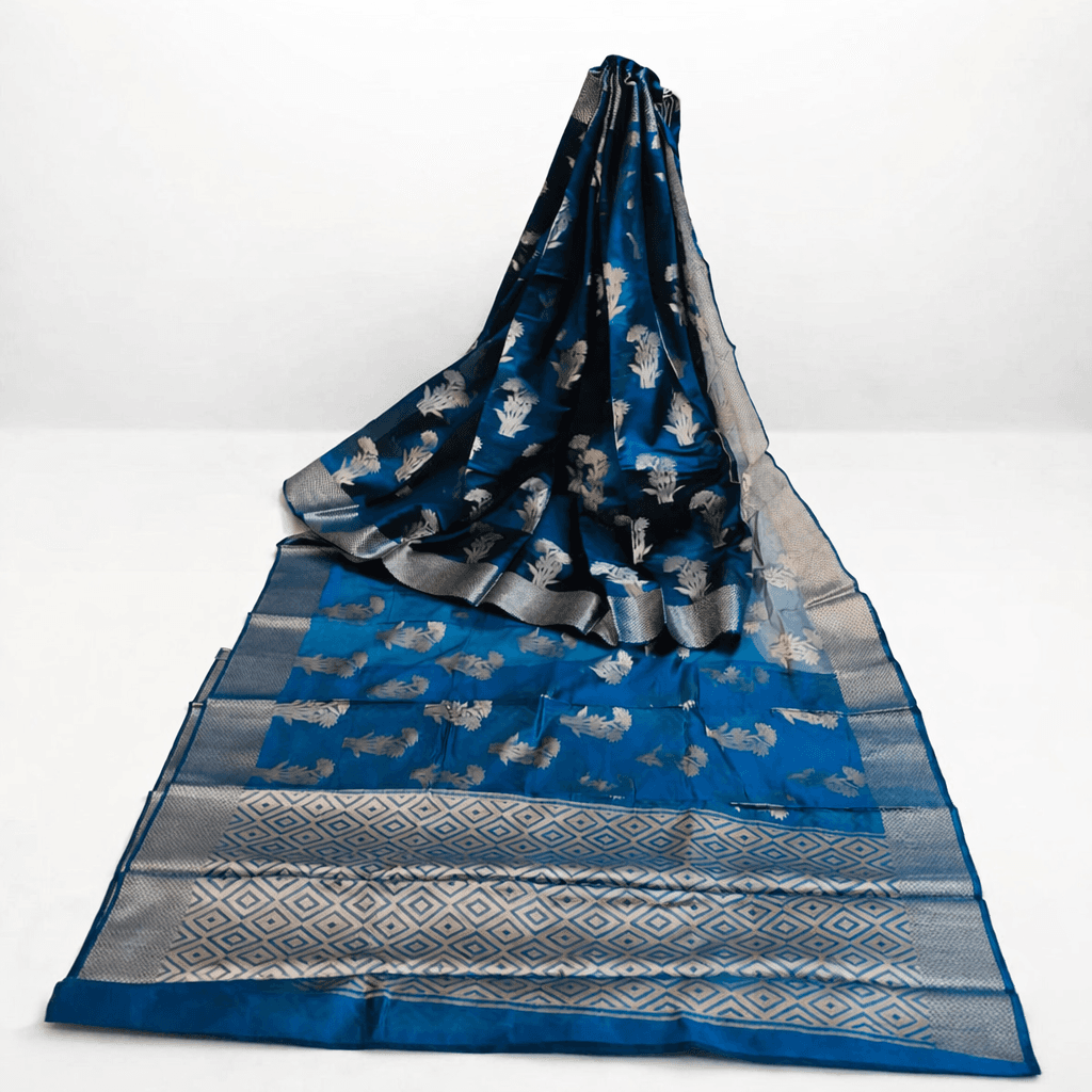 Elegant Blue & Silver Woven Georgette Saree With Geometric Border thumbnail 7