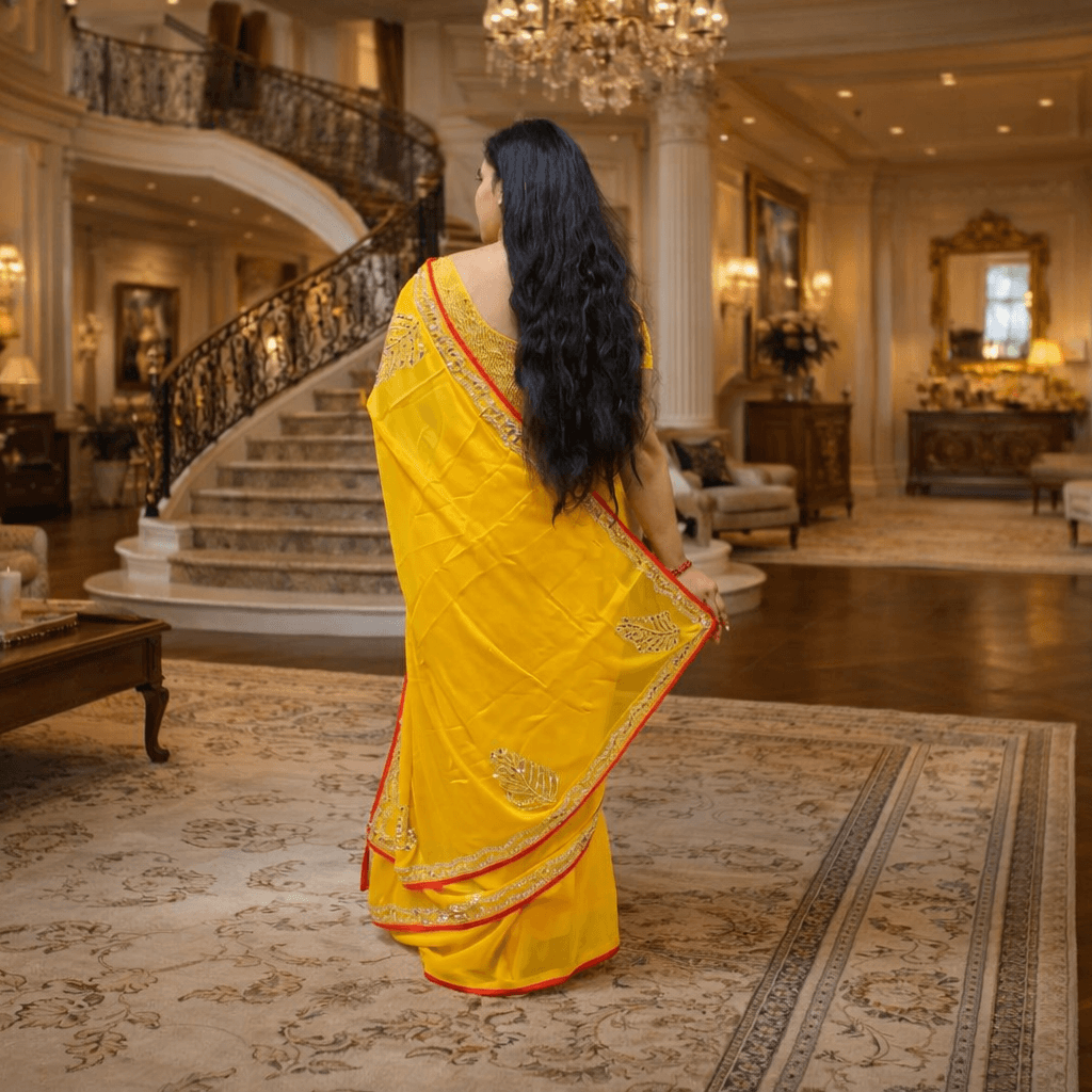 Yellow Chiffon Saree With Mirror Work Border & Leaf Motif | Lightweight Festive Wear Saree For Women thumbnail 2