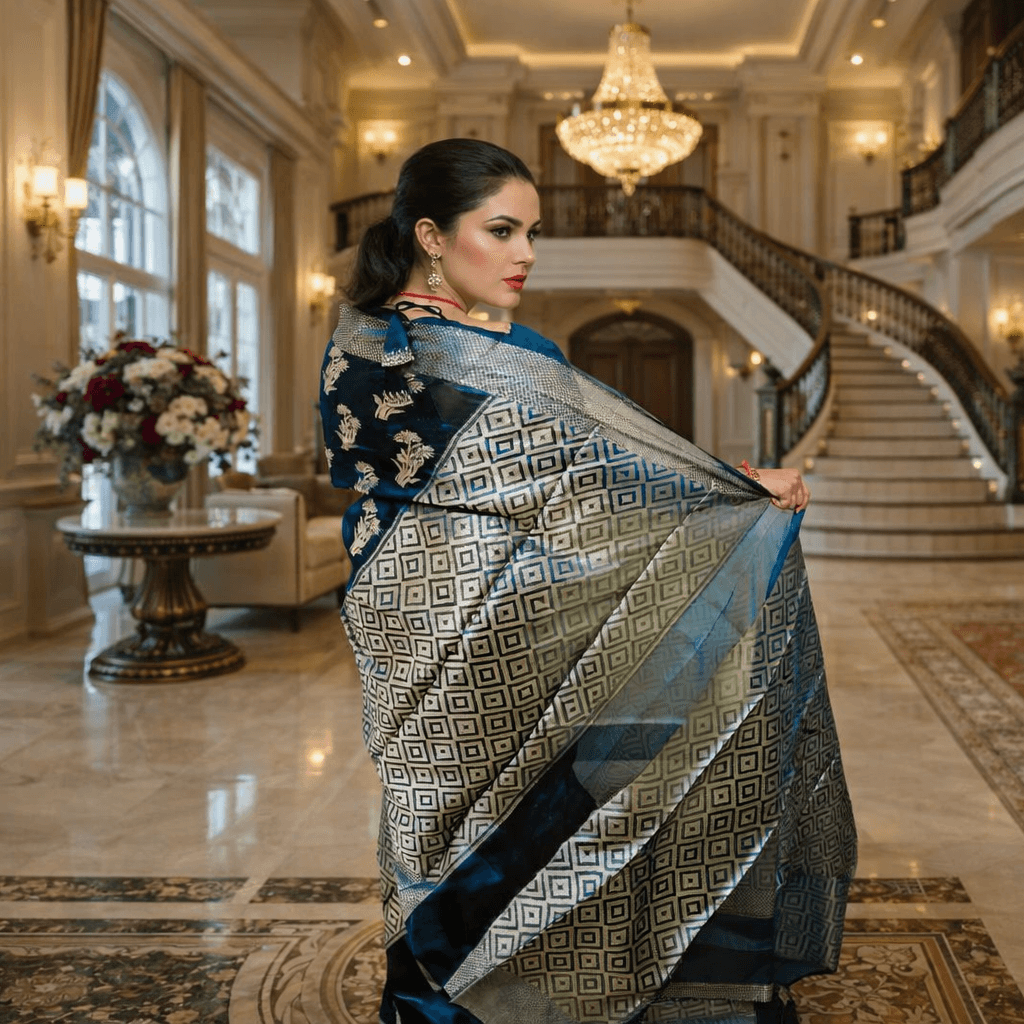 Elegant Blue & Silver Woven Georgette Saree With Geometric Border thumbnail 3