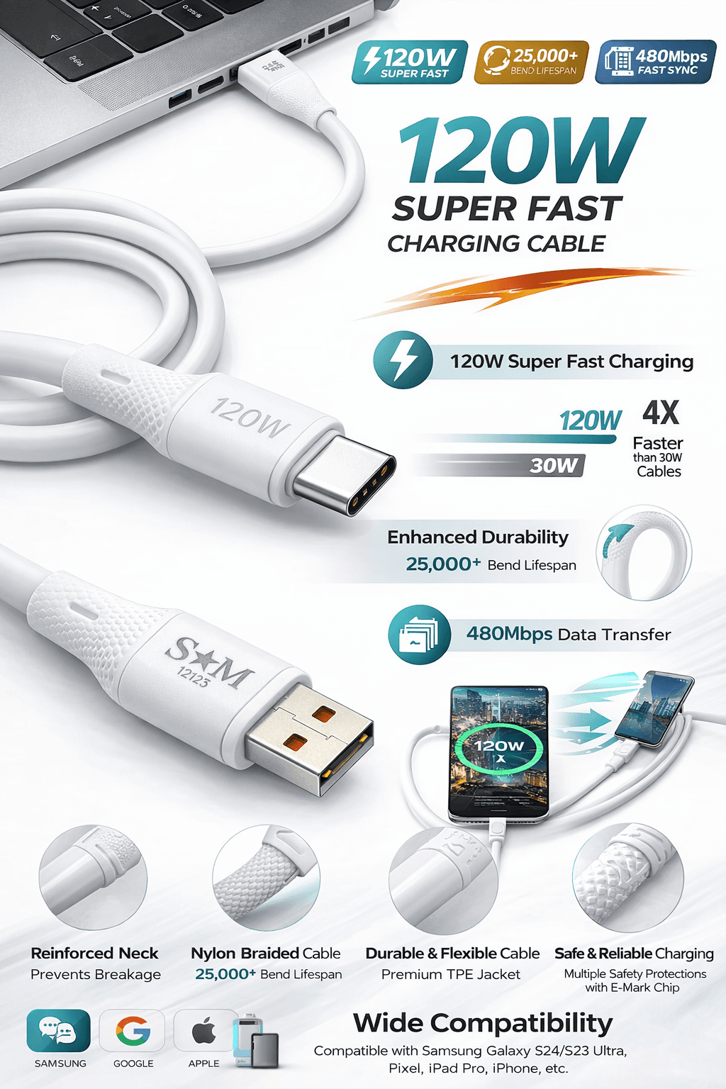 Premium USB Data Cable 1 Meter | 120W Fast Charging & High-Speed Data Transfer | Durable & Flexible Cable thumbnail 2