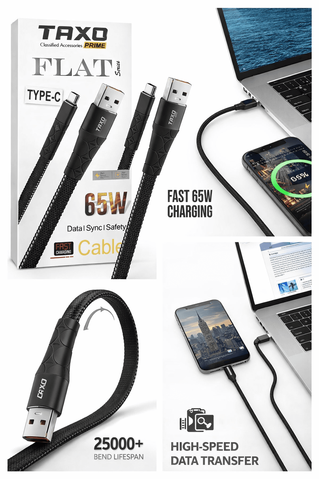 TAXO Prime Flat Series USB Type-C Data Cable | 65W Fast Charging & High-Speed Data Sync thumbnail 2