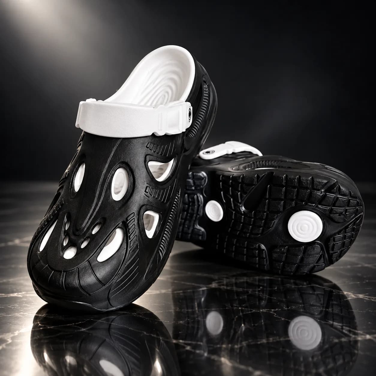Men’s Black Closed-Toe Clogs with White Pivoting Heel Strap and Cut-Out Upper thumbnail 2