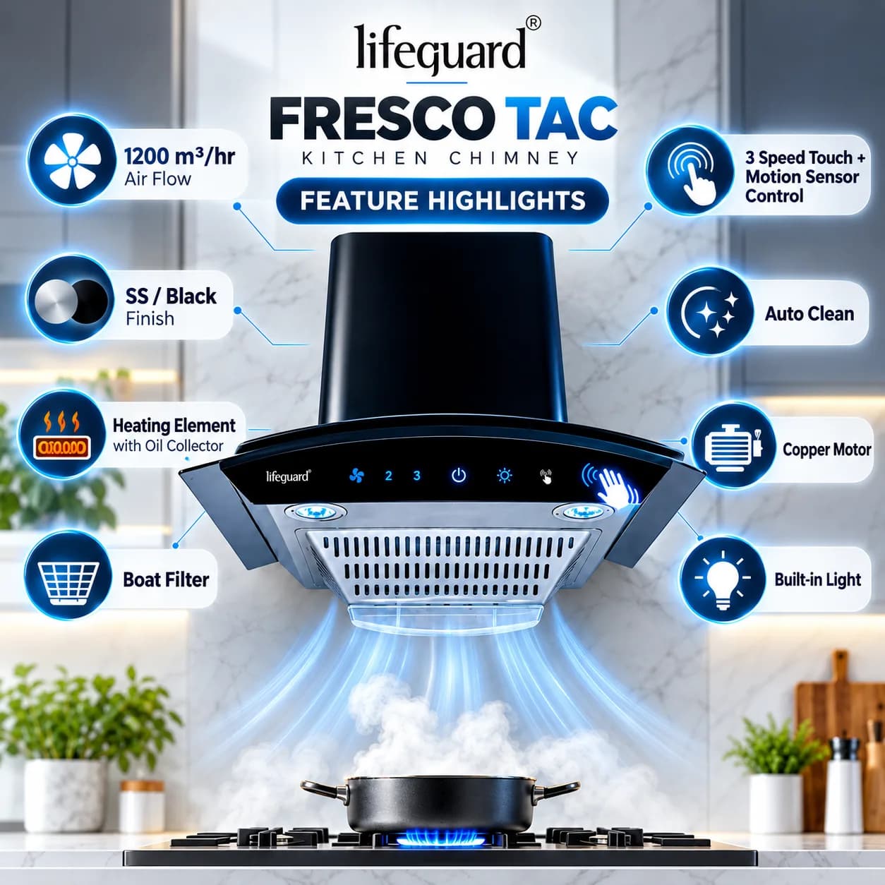 Lifeguard FRESCO TAC Kitchen Chimney – Powerful Suction with Smart Auto-Clean Technology thumbnail 2