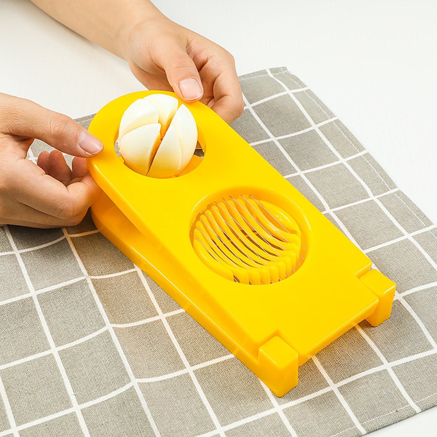 2 in 1 Double Cut Boiled Egg cutter with stainless steel wire for easy slicing of boiled eggs. thumbnail 1