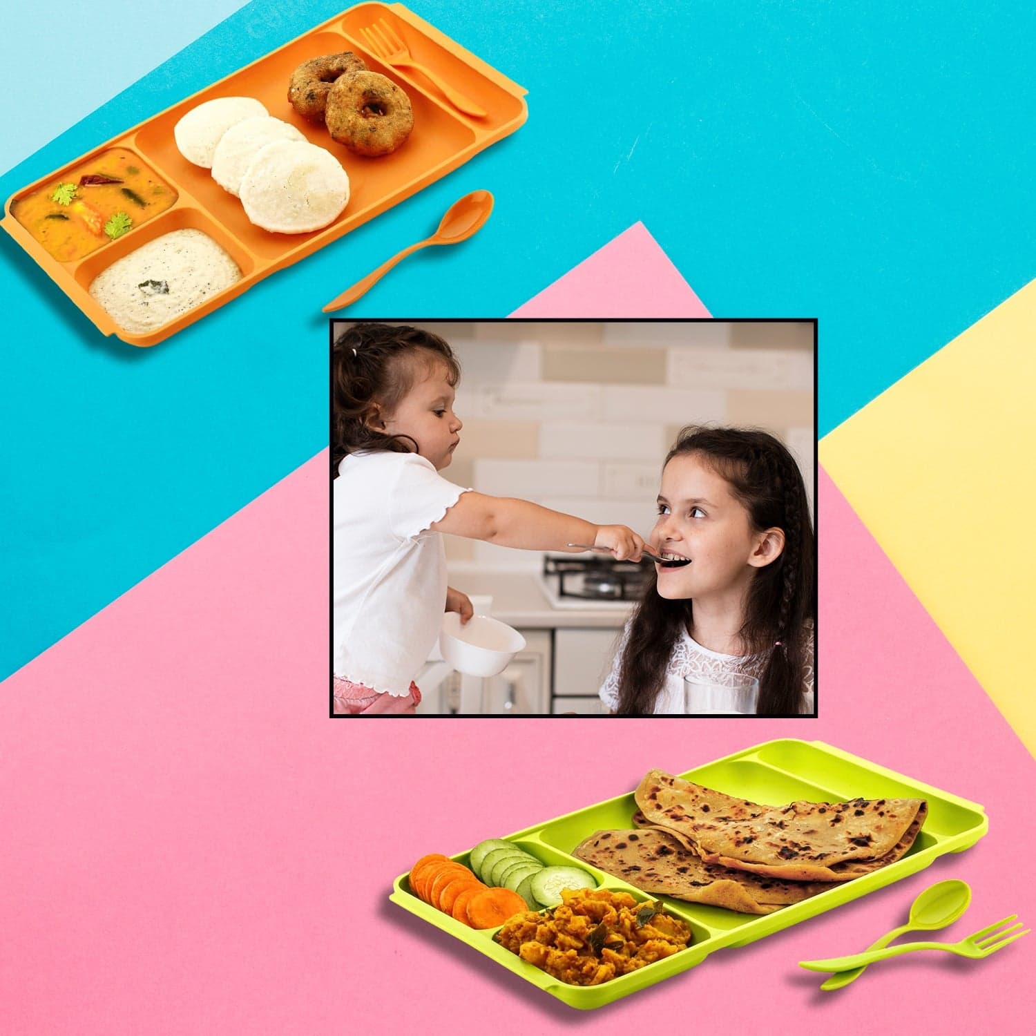4-Compartment Plastic Dish Set with Spoon & Fork of Versatile Dinner & Pav Bhaji Plate thumbnail 1