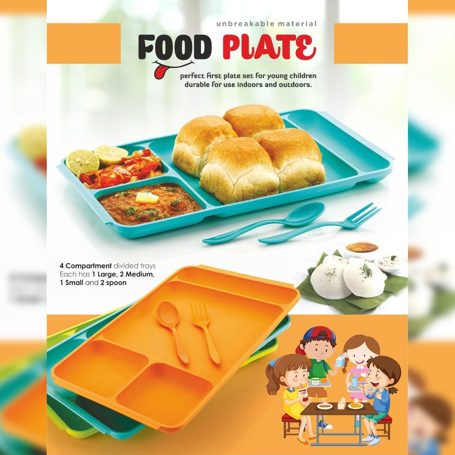 4-Compartment Plastic Dish Set with Spoon & Fork of Versatile Dinner & Pav Bhaji Plate thumbnail 4