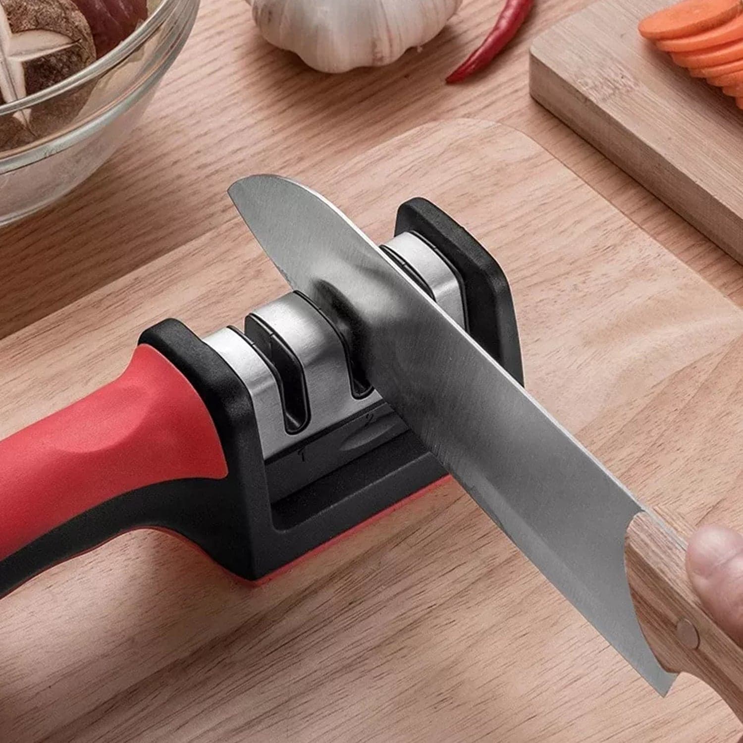 Manual Red & Black Knife Sharpener 3 Stage Sharpening Tool for Ceramic Knife and Steel Knives. thumbnail 1