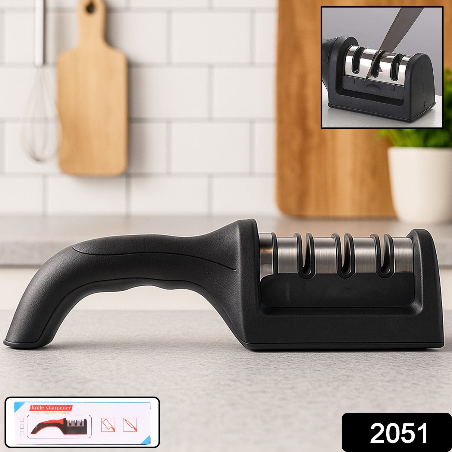 Manual Red & Black Knife Sharpener 3 Stage Sharpening Tool for Ceramic Knife and Steel Knives. thumbnail 2