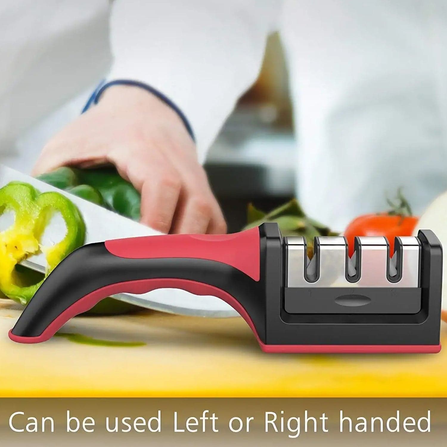 Manual Red & Black Knife Sharpener 3 Stage Sharpening Tool for Ceramic Knife and Steel Knives. thumbnail 5